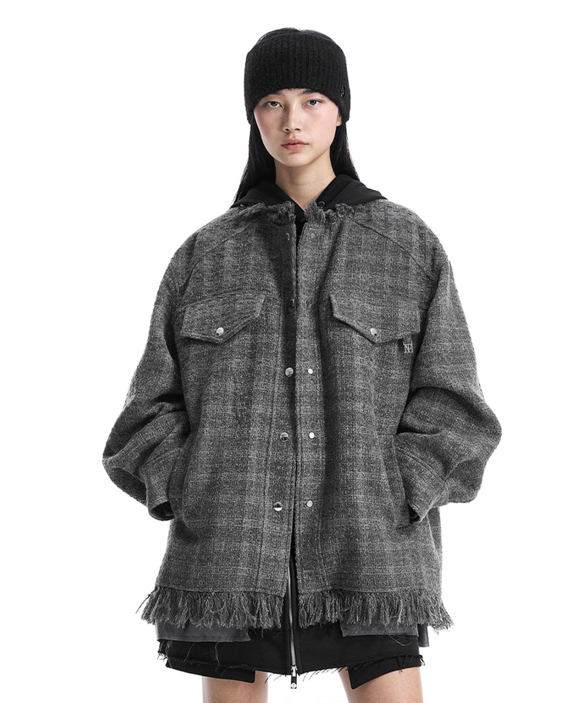 트리밍버드(TREEMINGBIRD) Frayed-Hem Tweed Jacket [ Gray ]