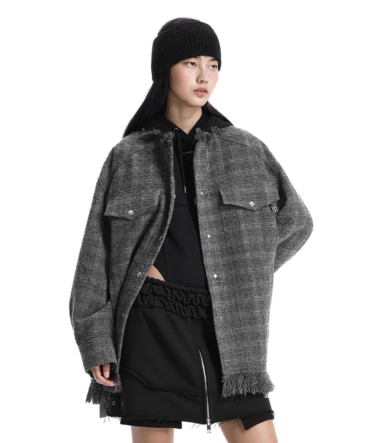 트리밍버드(TREEMINGBIRD) Frayed-Hem Tweed Jacket [ Gray ]