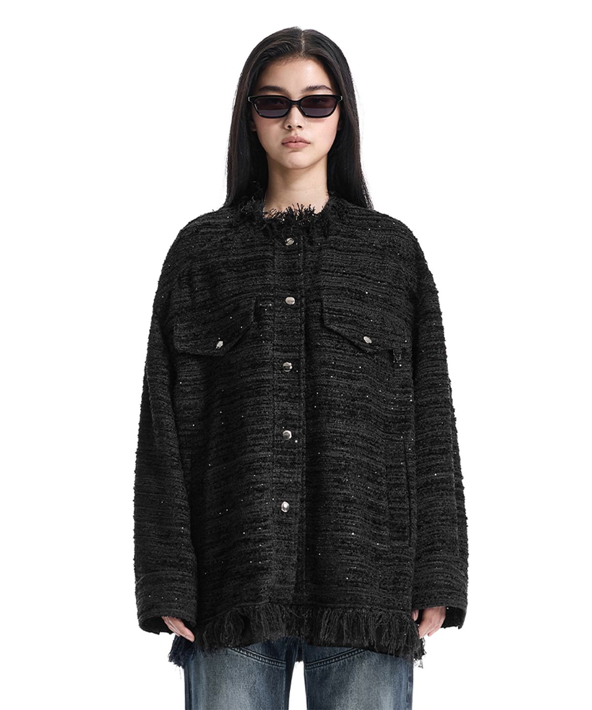 트리밍버드(TREEMINGBIRD) Frayed-Hem Tweed Jacket [ Black ]