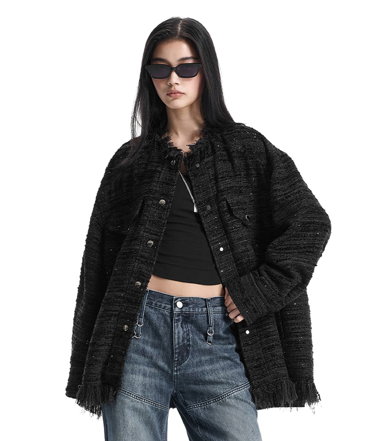 트리밍버드(TREEMINGBIRD) Frayed-Hem Tweed Jacket [ Black ]