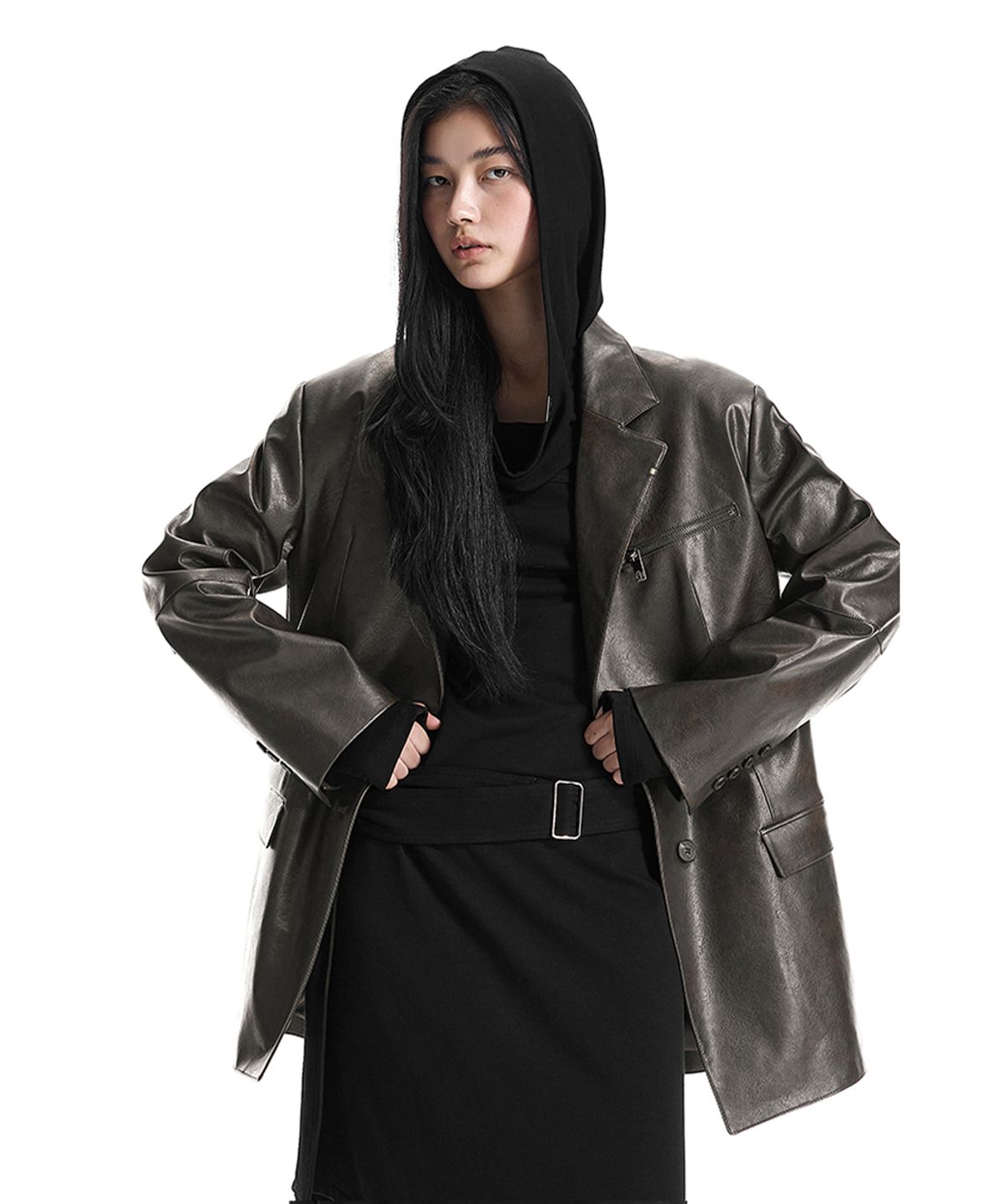 트리밍버드(TREEMINGBIRD) Metal-Ring Oversized Leather Jacket [ Brown ]