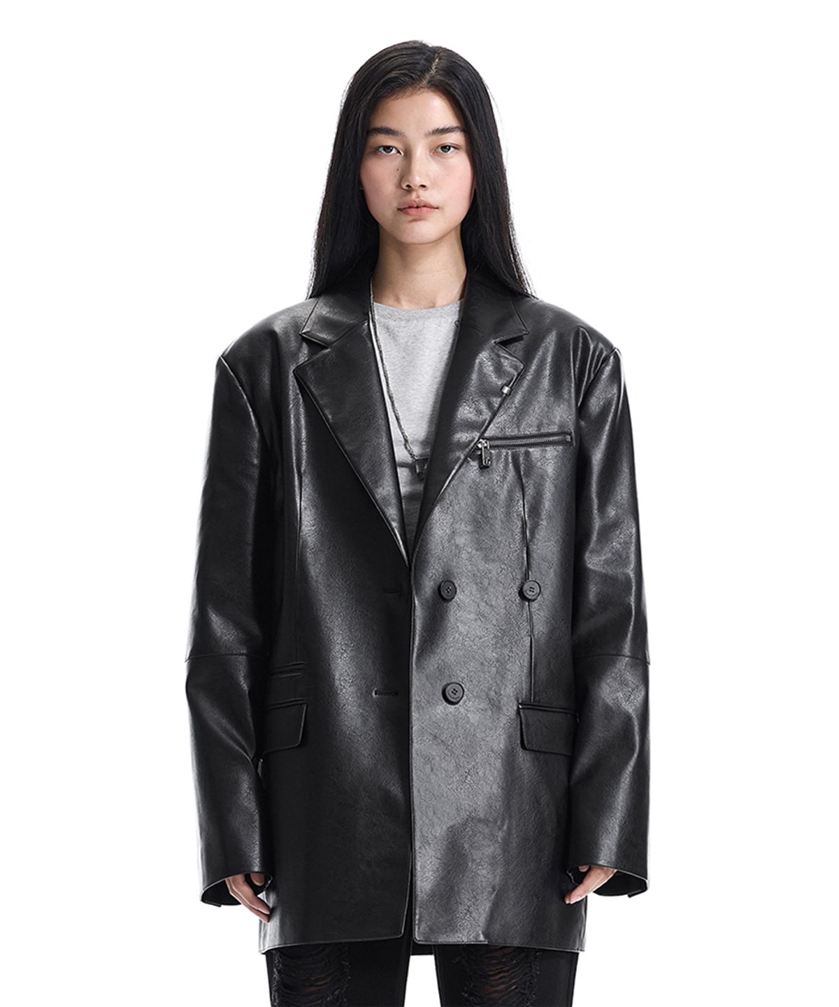 트리밍버드(TREEMINGBIRD) Metal-Ring Oversized Leather Jacket [ Black ]