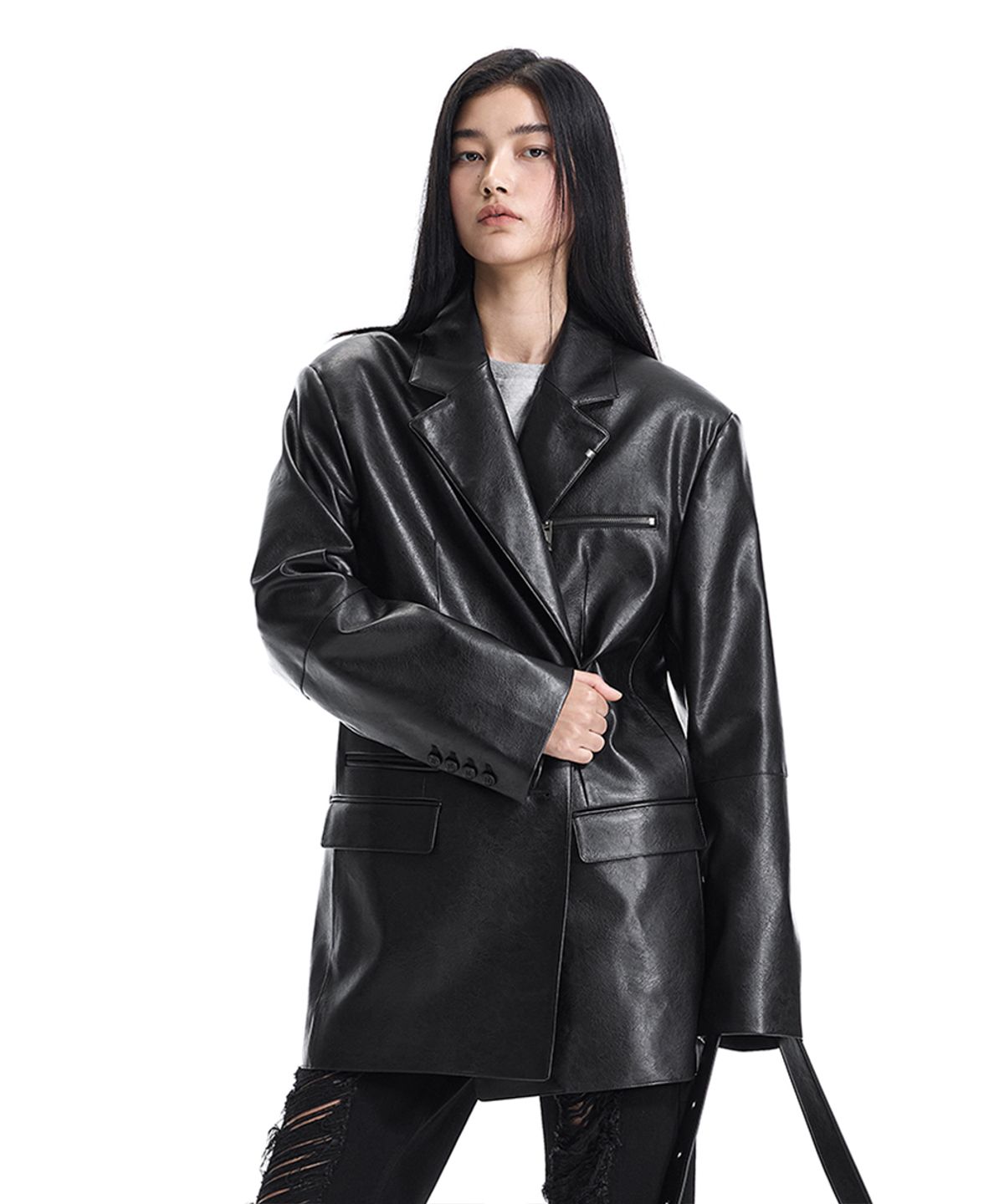 트리밍버드(TREEMINGBIRD) Metal-Ring Oversized Leather Jacket [ Black ]