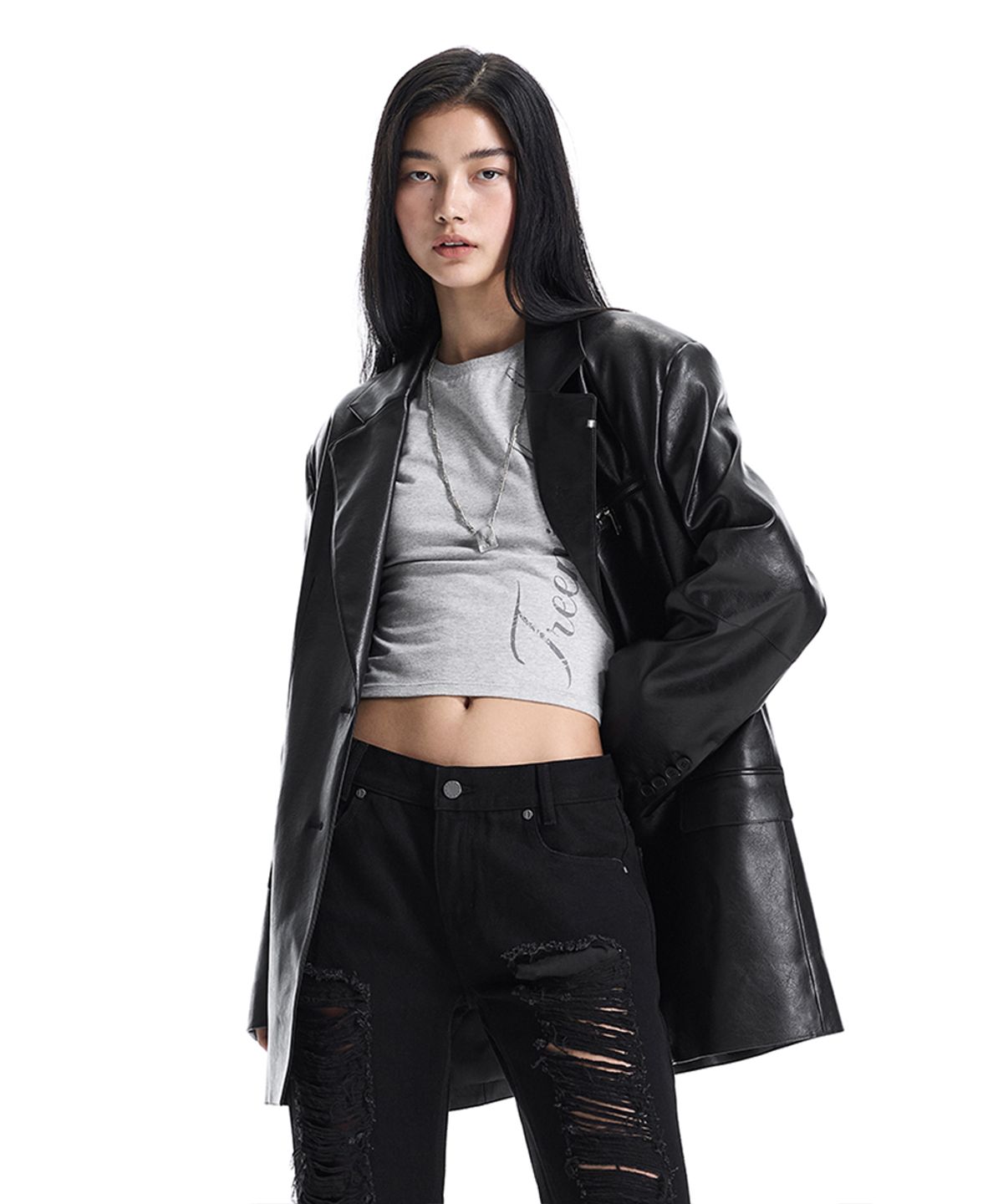 트리밍버드(TREEMINGBIRD) Metal-Ring Oversized Leather Jacket [ Black ]