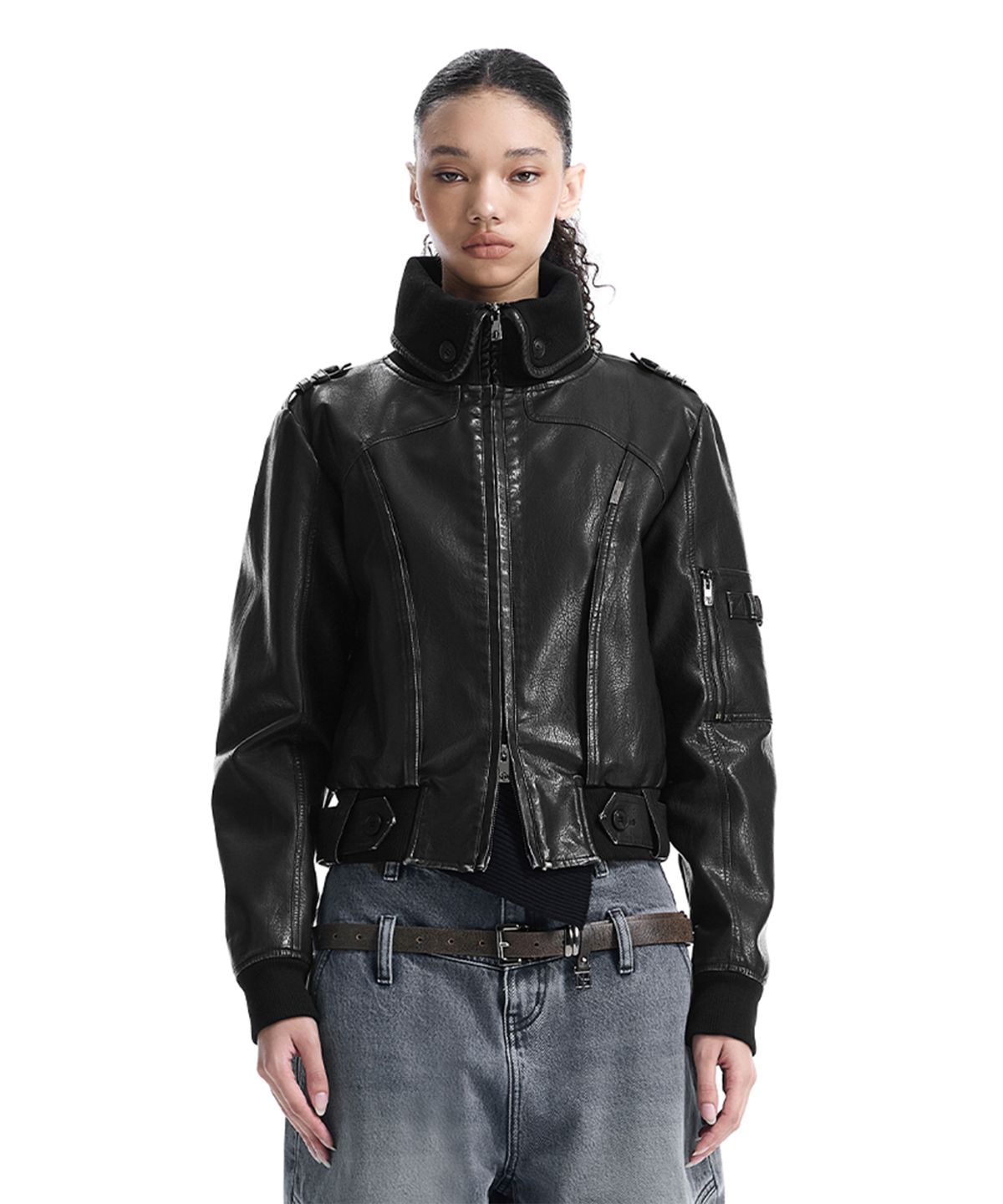 트리밍버드(TREEMINGBIRD) High-Neck Leather Bomber Jacket [ Black ]