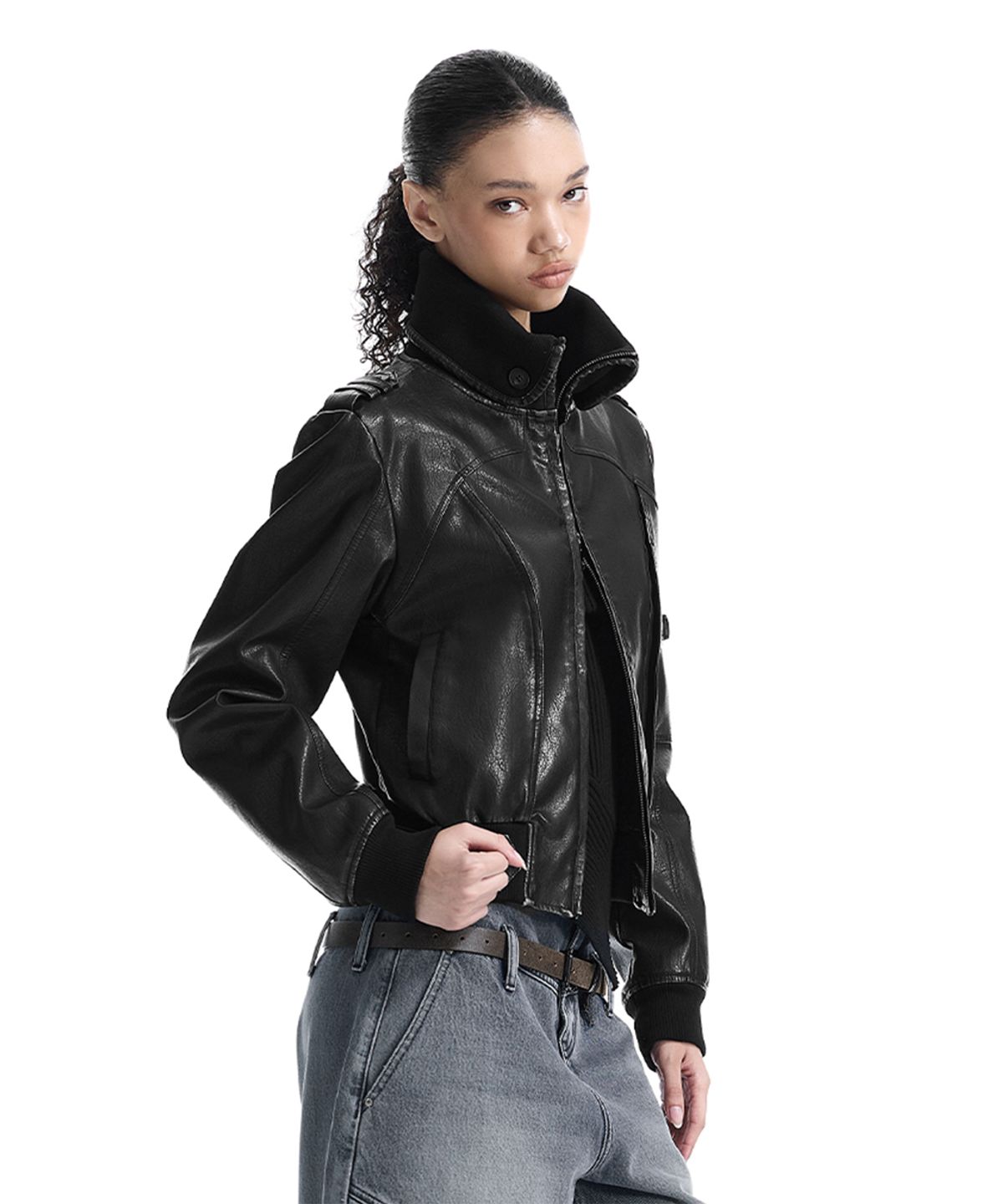 트리밍버드(TREEMINGBIRD) High-Neck Leather Bomber Jacket [ Black ]