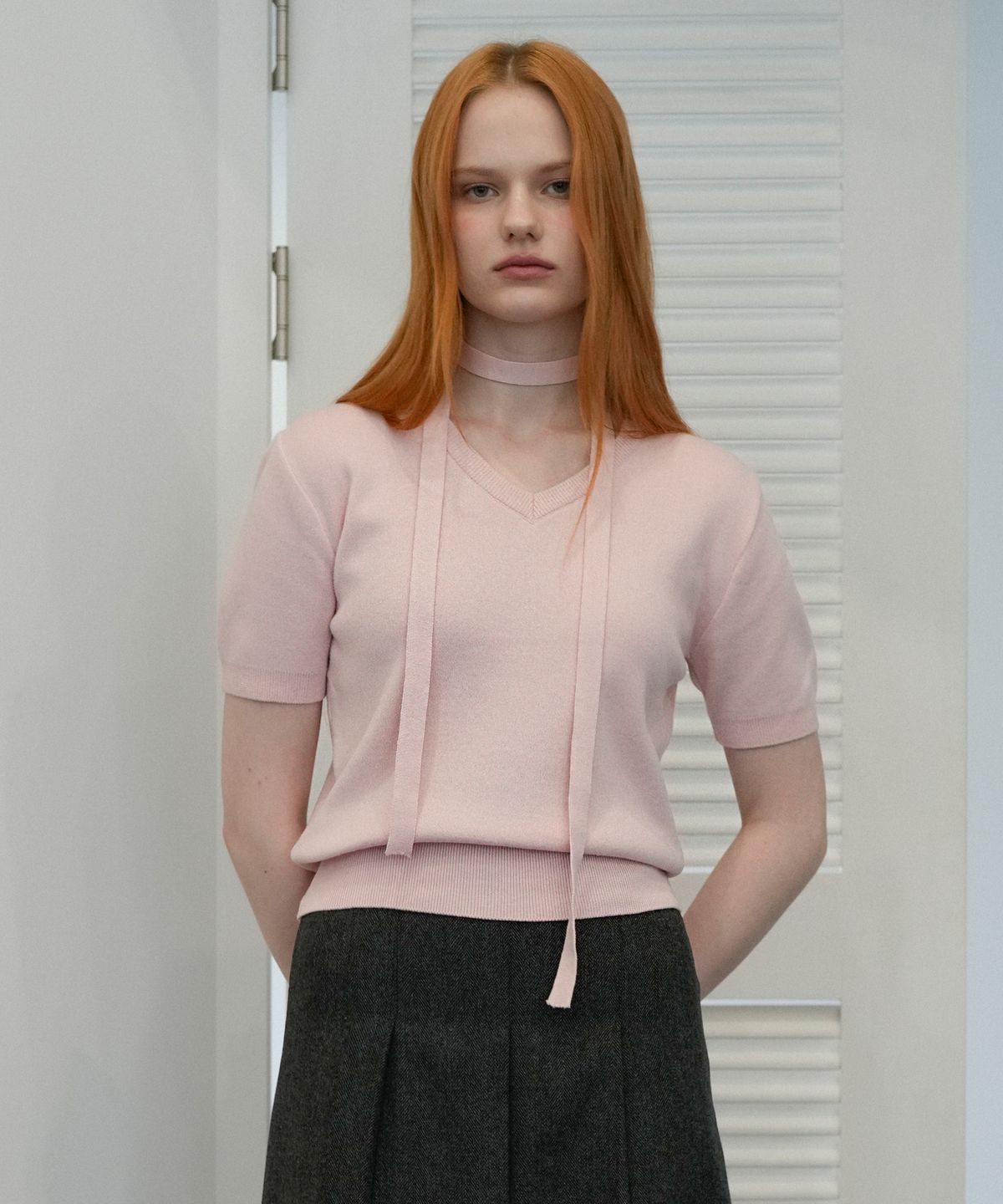 블레티(VLETI) Tie Set V-neck Half Knit (Pink)