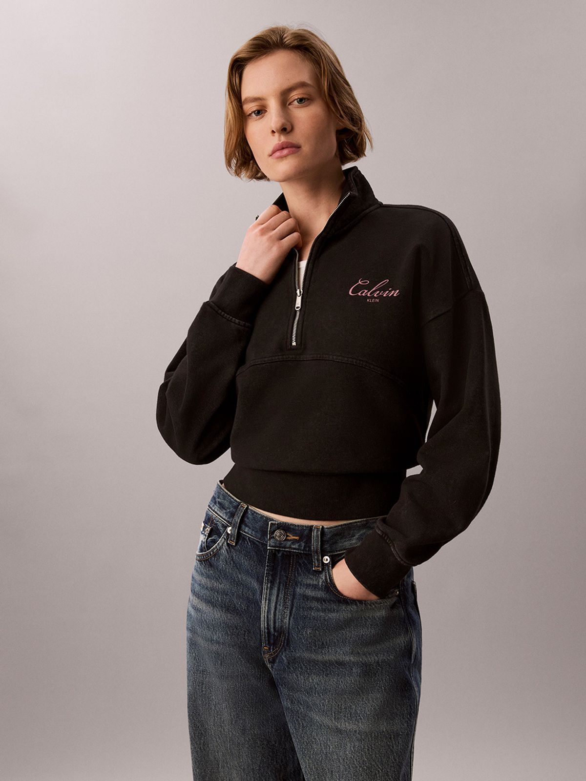캘빈클라인 진(CALVIN KLEIN JEANS) 여성 프렌치 테리 인디고 워시 쿼터집업 47H239G UB1