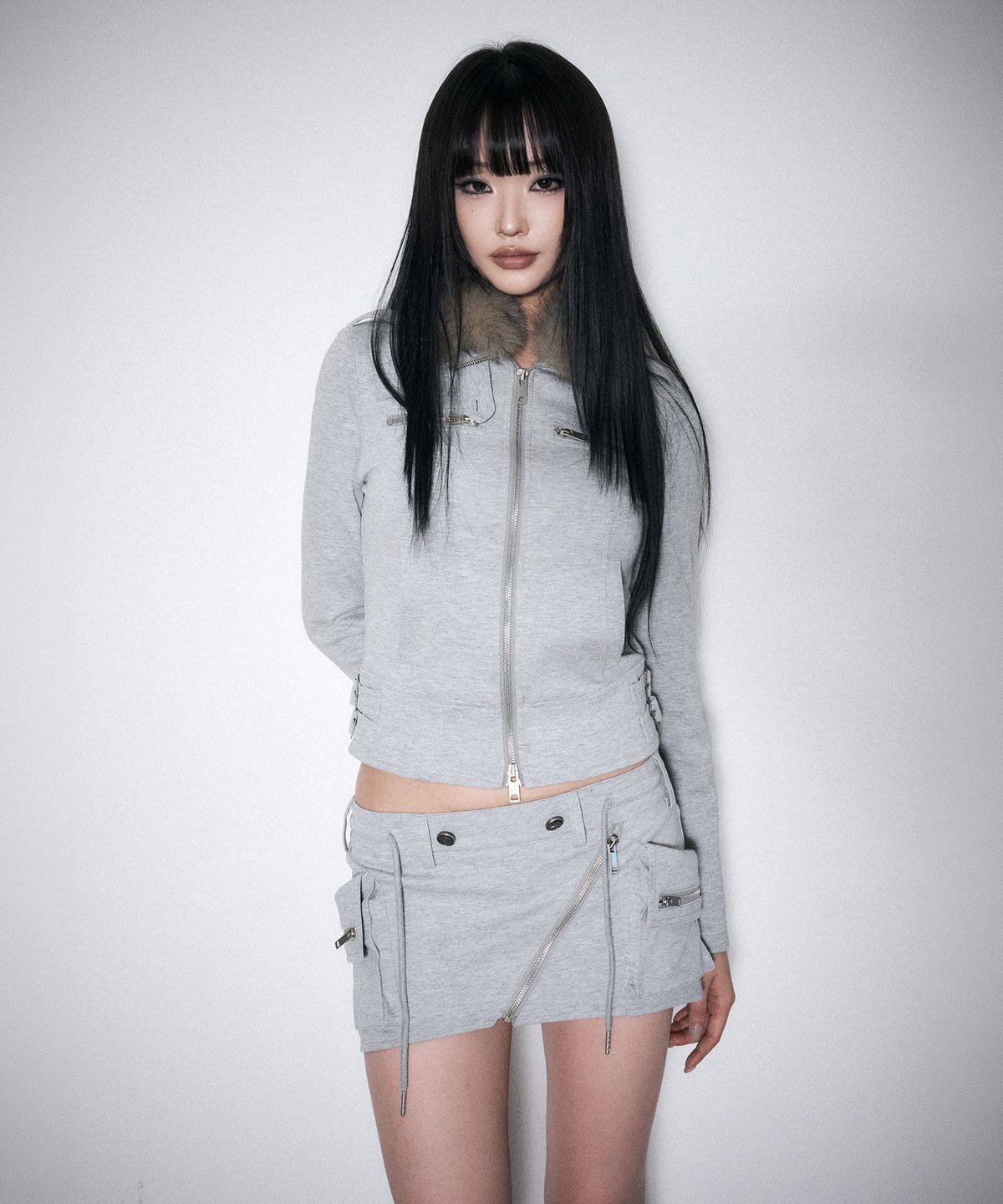 스키즘 인듀싱(SCHISM INDUCING) BOUND UTILITY BUTTON SKIRT GREY