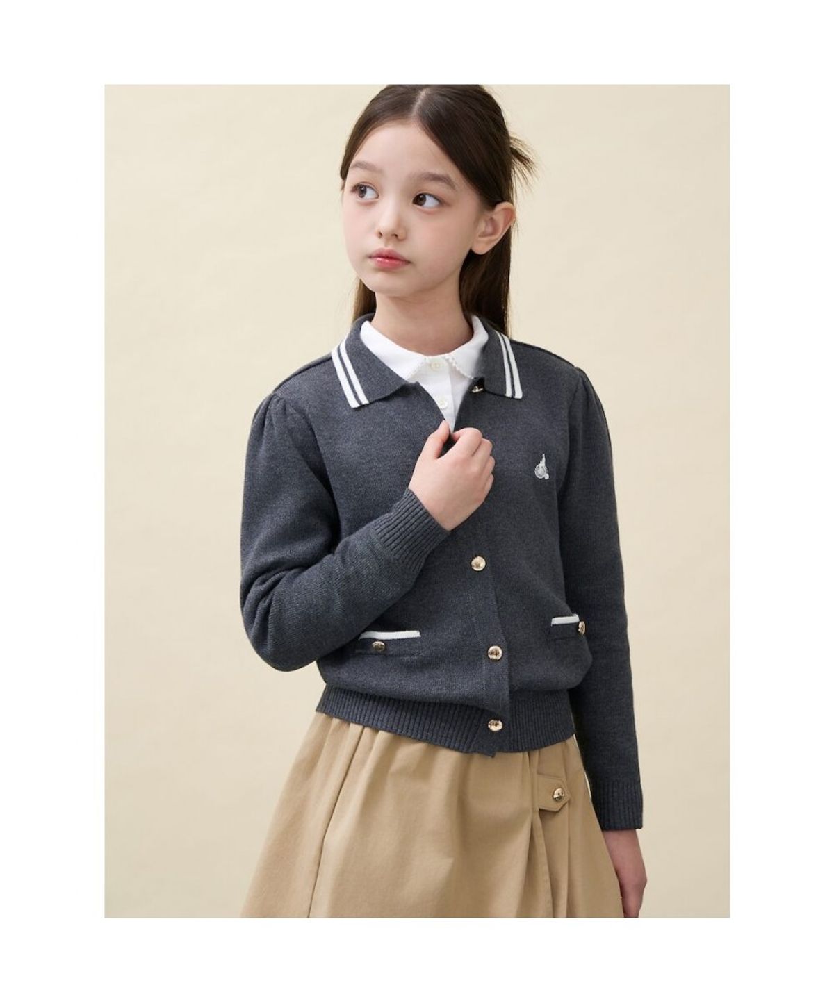 빈폴 키즈(BEANPOLE KIDS) 여아 넥칼라 티핑 긴소매 플레인 카디건  애쉬 (BI685AG014)