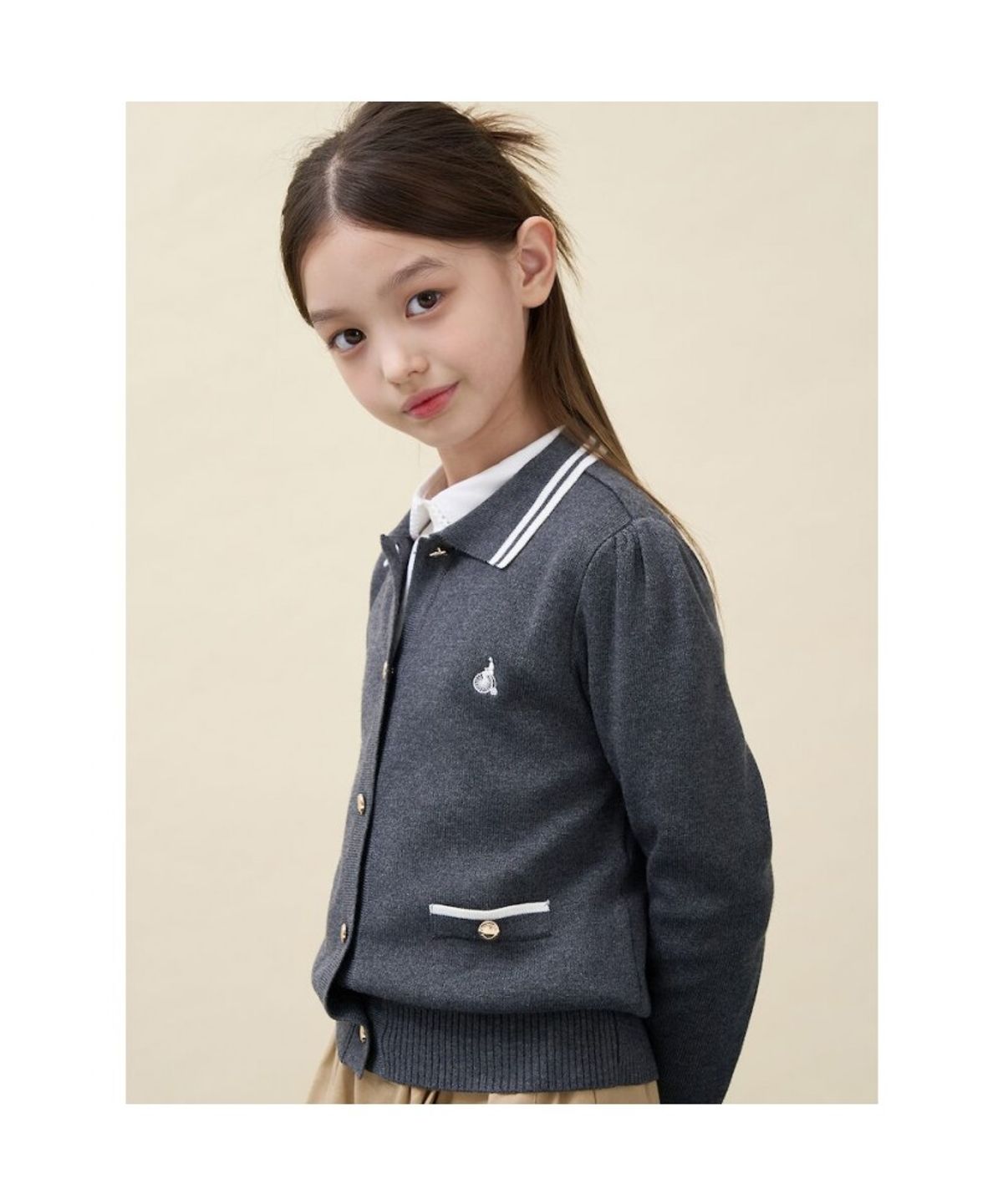 빈폴 키즈(BEANPOLE KIDS) 여아 넥칼라 티핑 긴소매 플레인 카디건  애쉬 (BI685AG014)