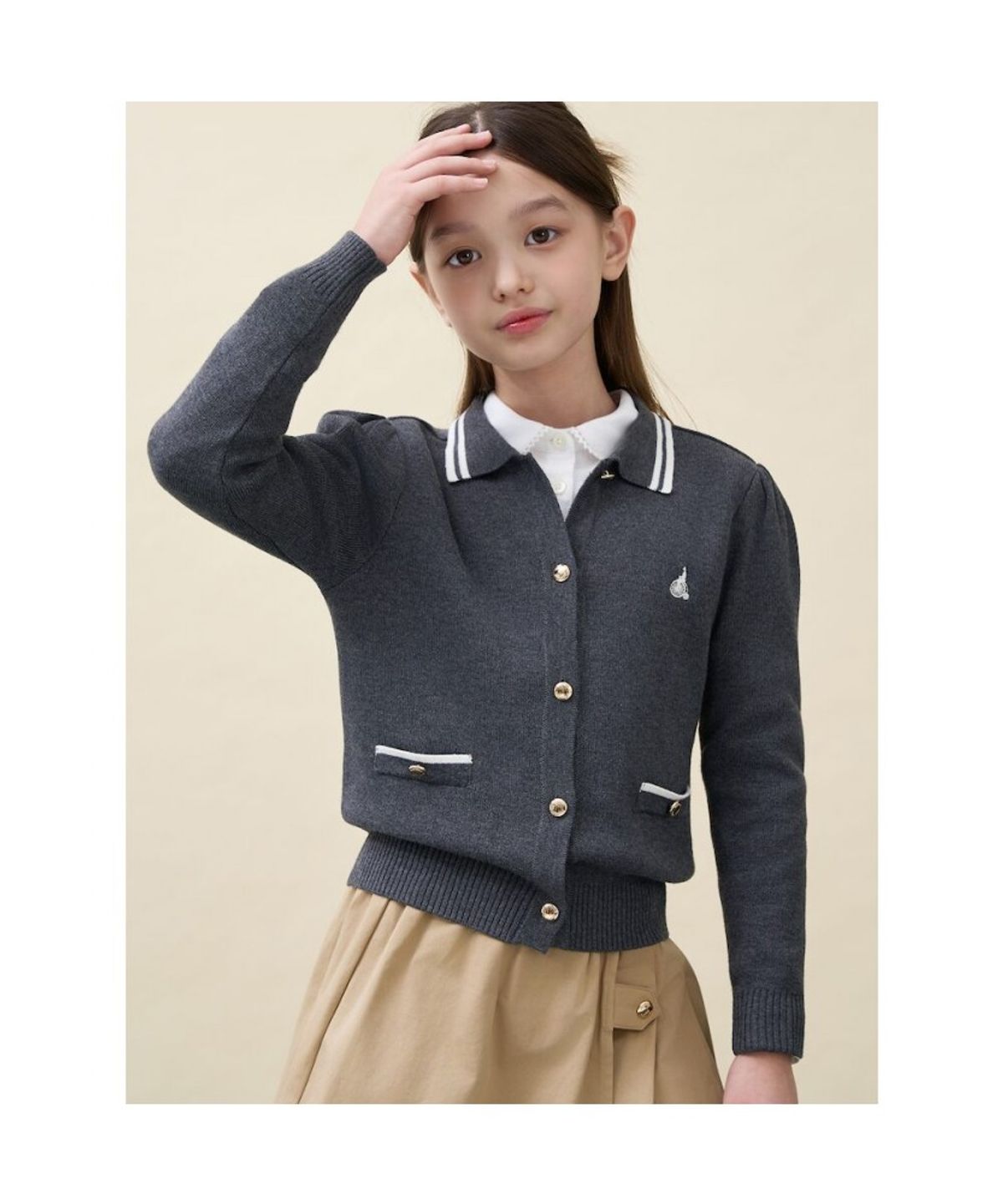 빈폴 키즈(BEANPOLE KIDS) 여아 넥칼라 티핑 긴소매 플레인 카디건  애쉬 (BI685AG014)