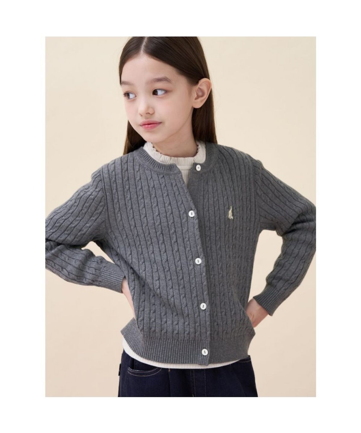 빈폴 키즈(BEANPOLE KIDS) [Essential] 여아 수피마 슬림 면 케이블 카디건  애쉬 (BI685AGE14)