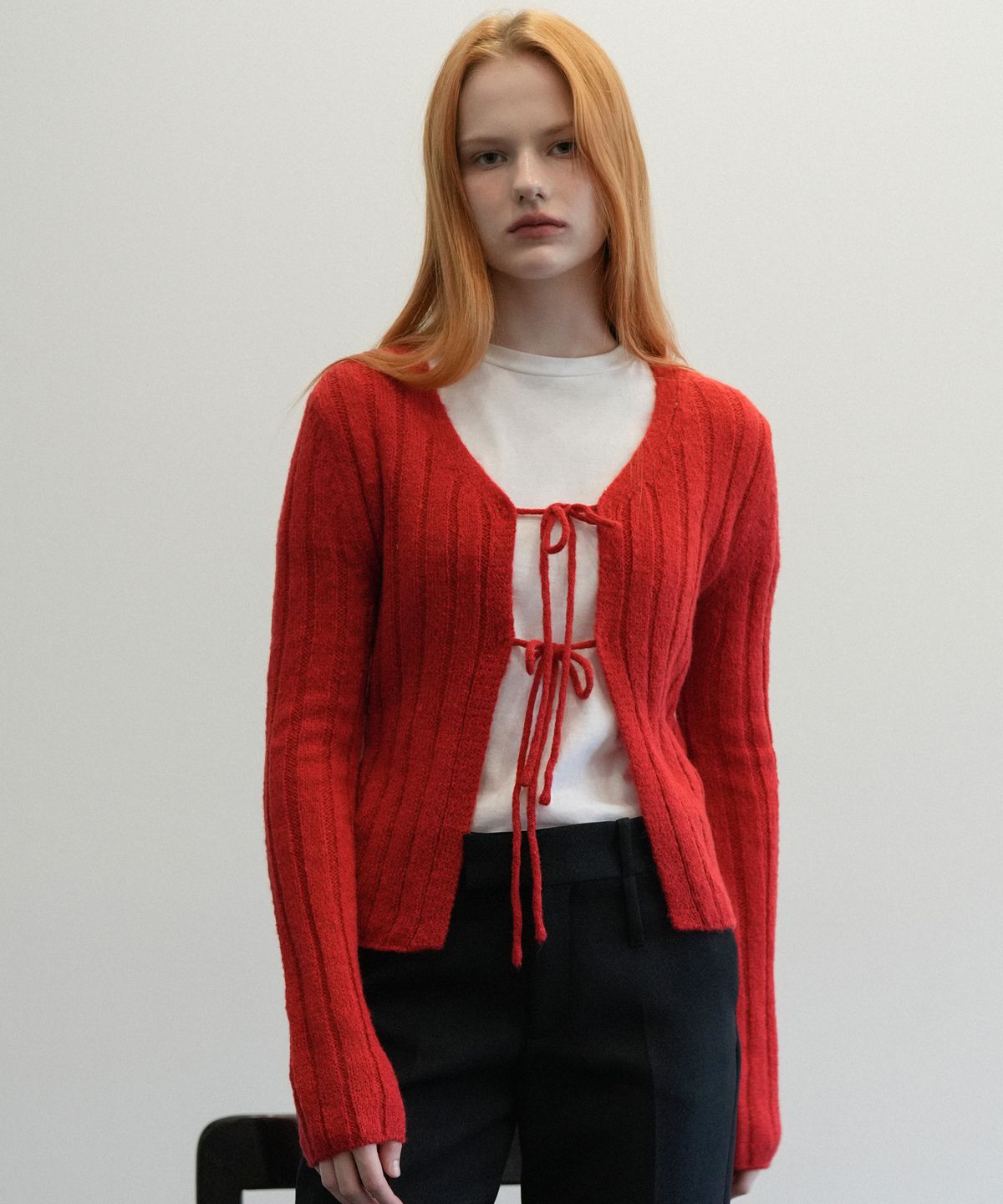 블레티(VLETI) Mohair Ribbon Knit Cardigan (Red)