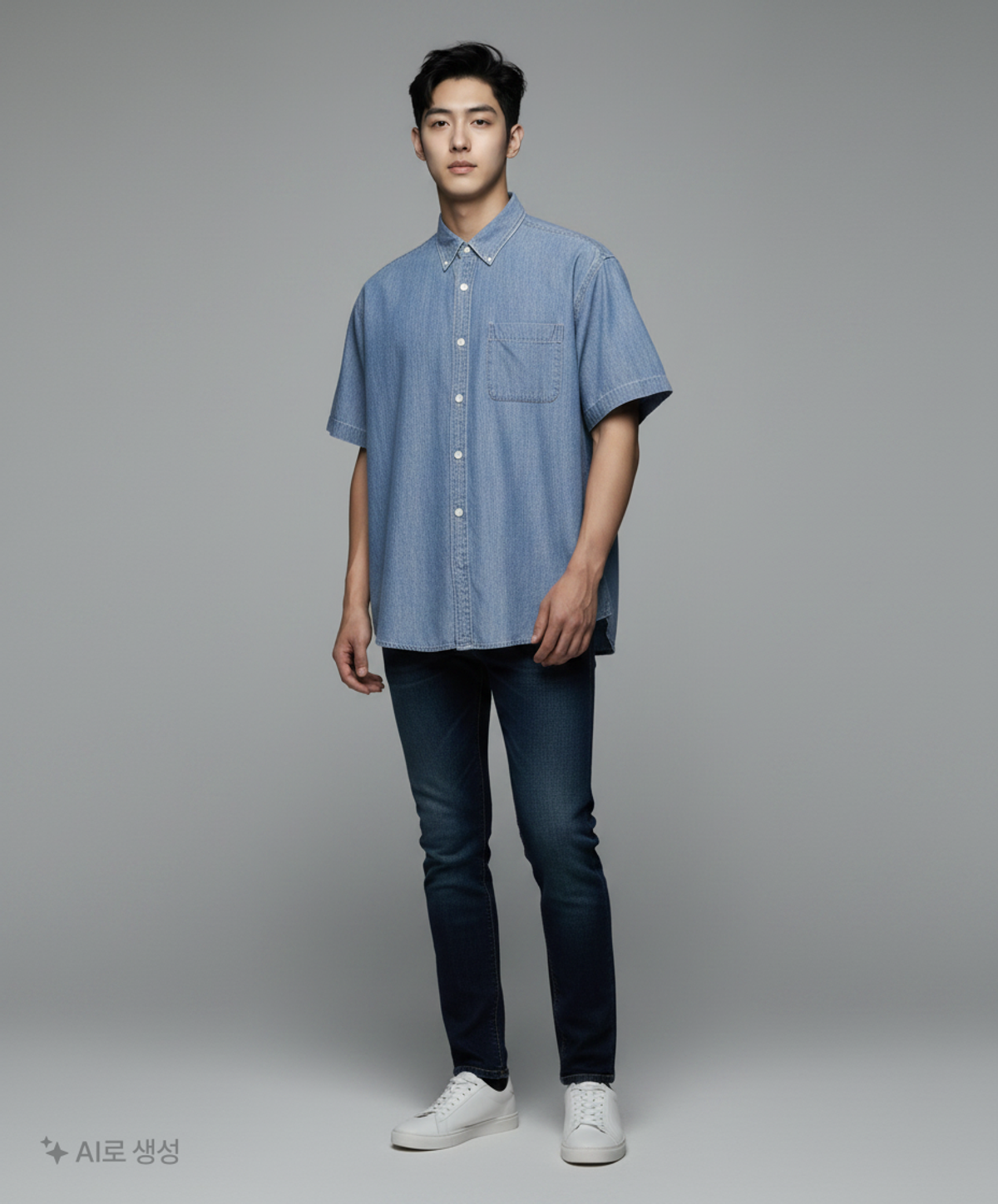 무신사 스탠다드(MUSINSA STANDARD) 오버사이즈 반소매 데님 셔츠 [미디엄 인디고] XL