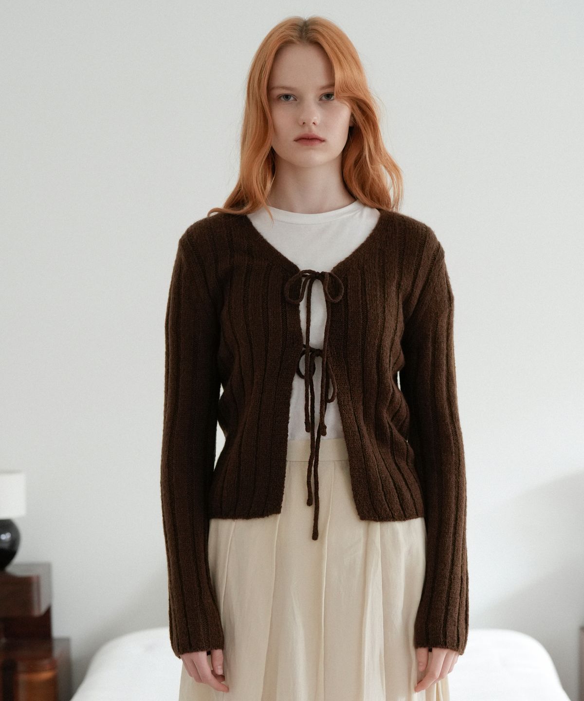 블레티(VLETI) Mohair Ribbon Knit Cardigan (Brown)