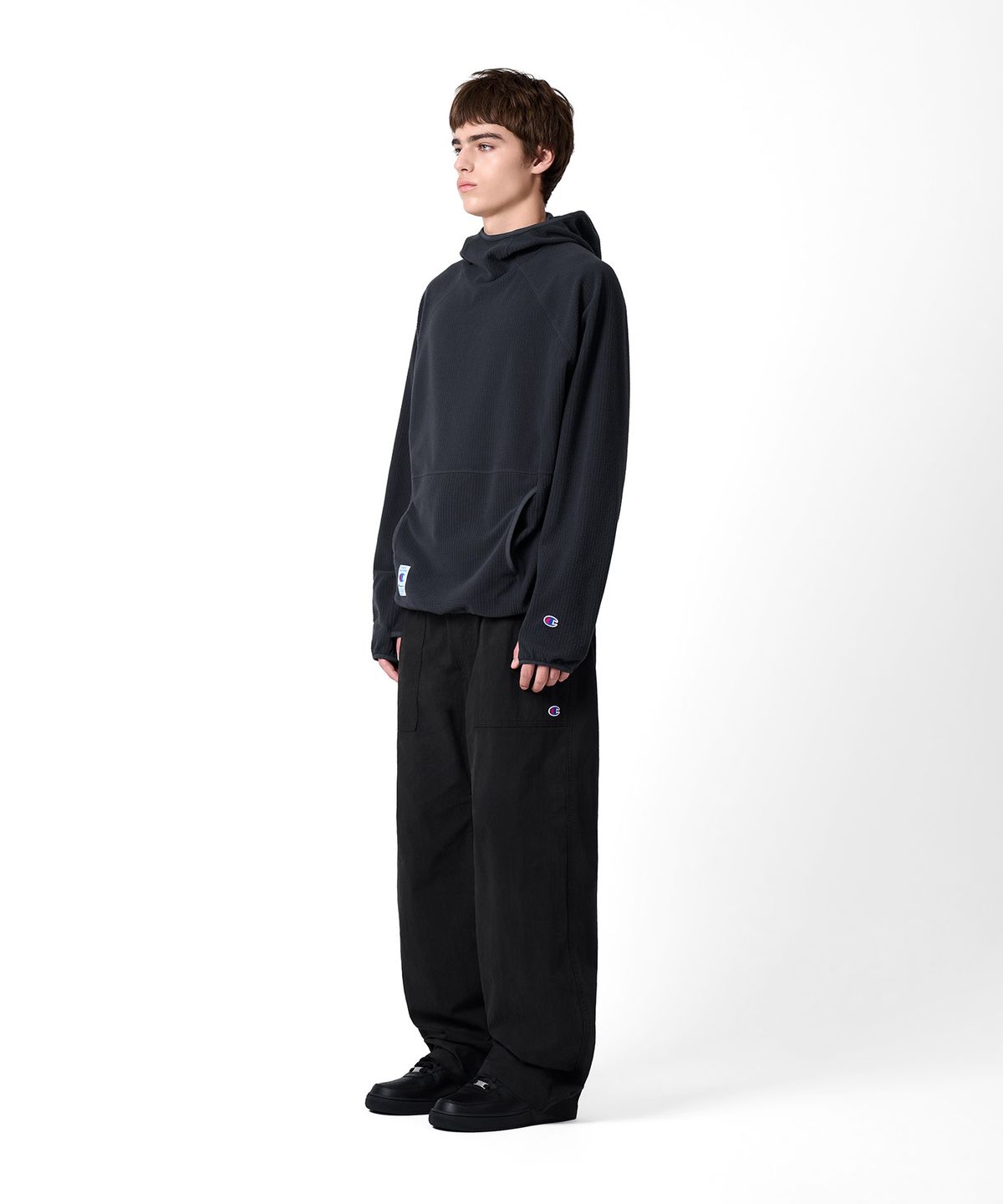 챔피온(CHAMPION) 와플 플리스 하이넥 후드 티셔츠 Charcoal
