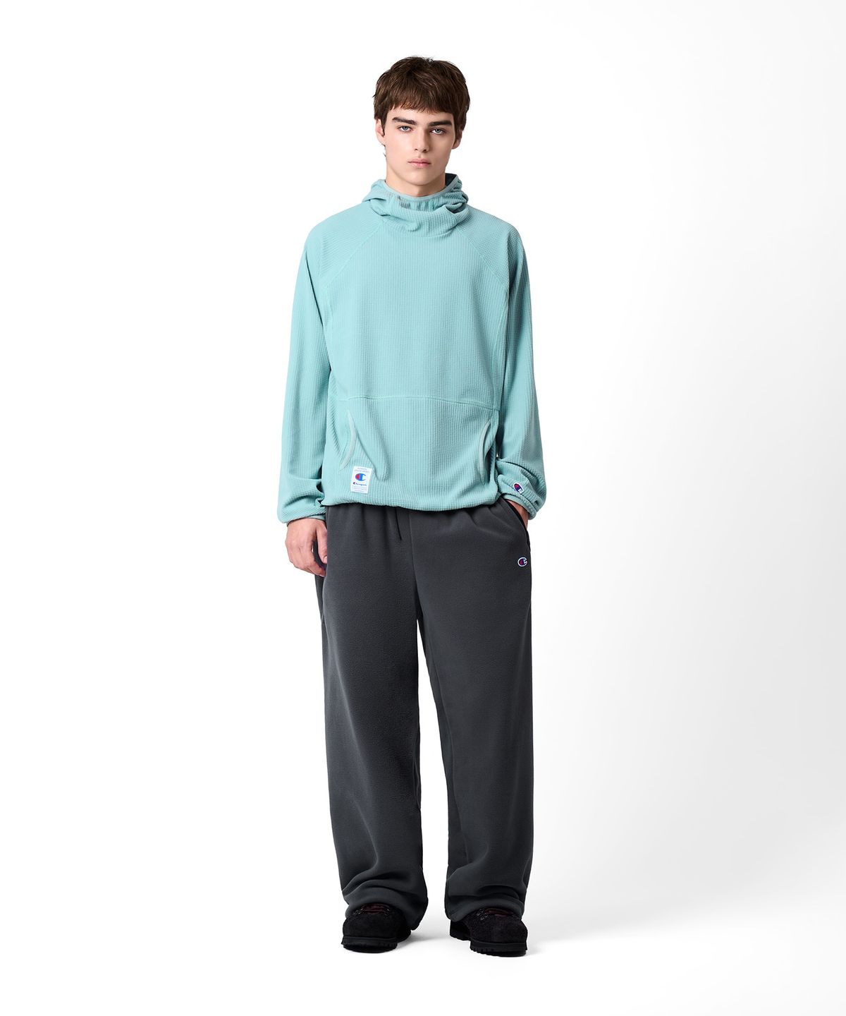 챔피온(CHAMPION) 와플 플리스 하이넥 후드 티셔츠 Green