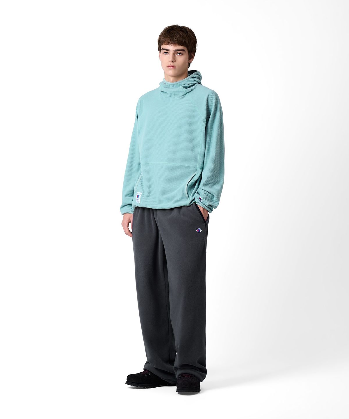 챔피온(CHAMPION) 와플 플리스 하이넥 후드 티셔츠 Green