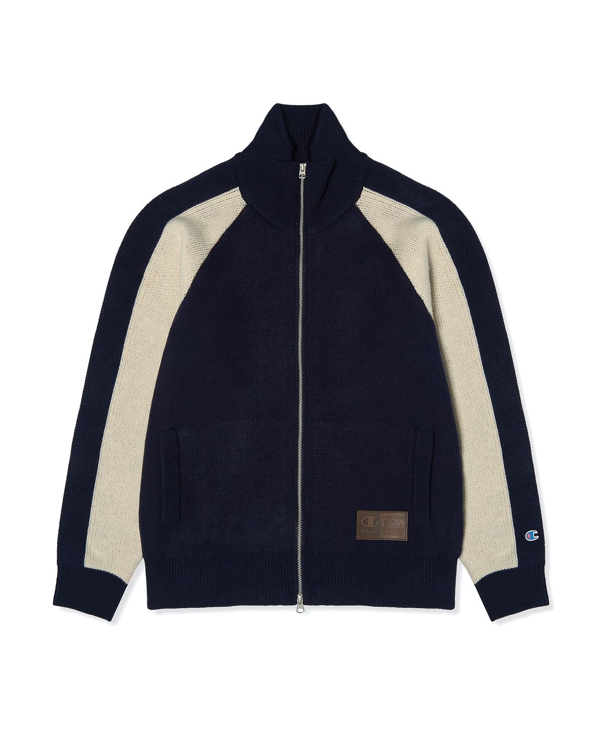 챔피온(CHAMPION) 자카드 빅 C로고 니트 집업 Navy