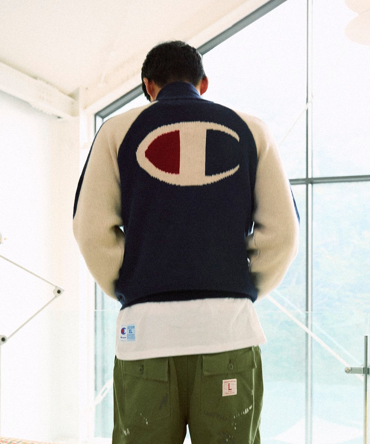 챔피온(CHAMPION) 자카드 빅 C로고 니트 집업 Navy