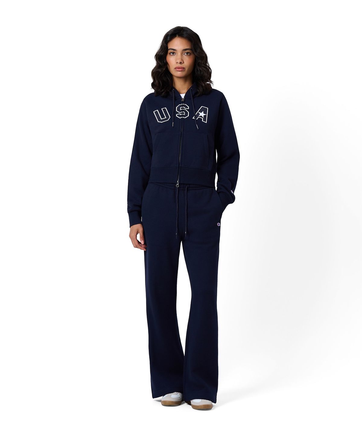 챔피온(CHAMPION) 여성 USA 로고 크롭 기모 후드 집업 Navy
