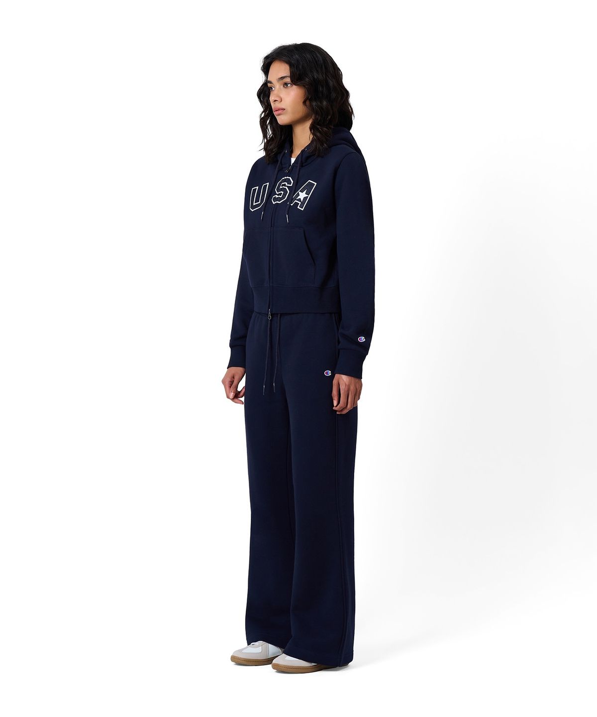 챔피온(CHAMPION) 여성 USA 로고 크롭 기모 후드 집업 Navy