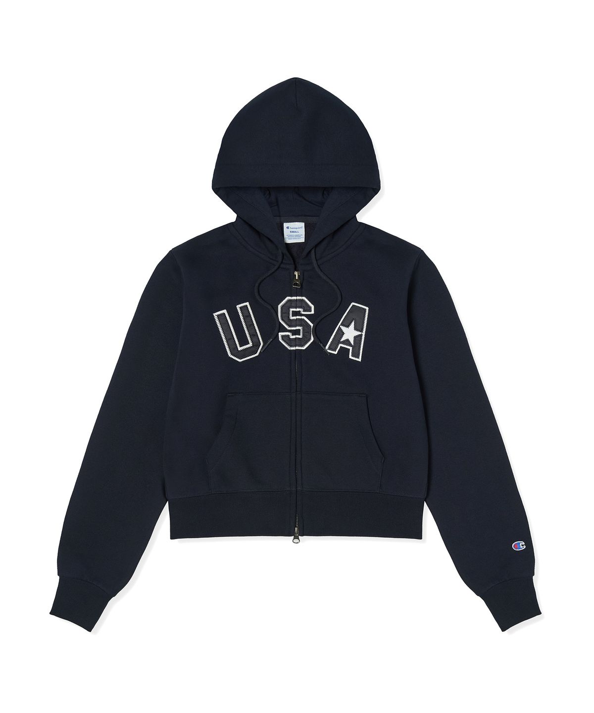 챔피온(CHAMPION) 여성 USA 로고 크롭 기모 후드 집업 Navy