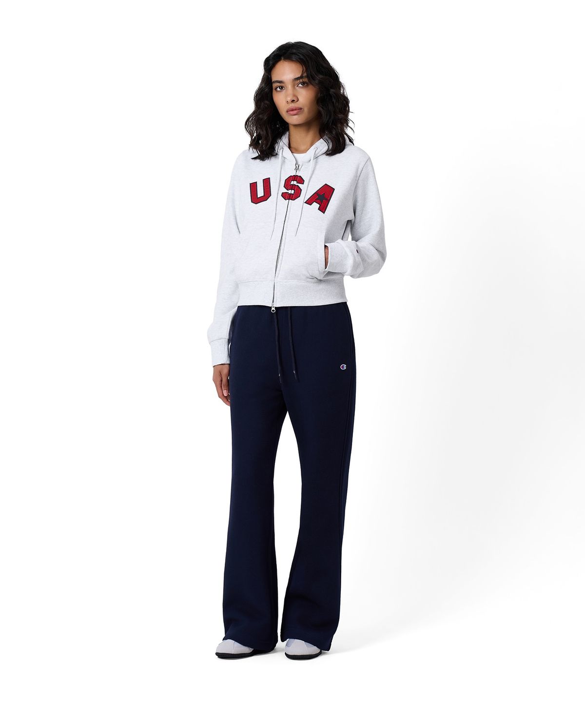 챔피온(CHAMPION) 여성 USA 로고 크롭 기모 후드 집업 Light Grey