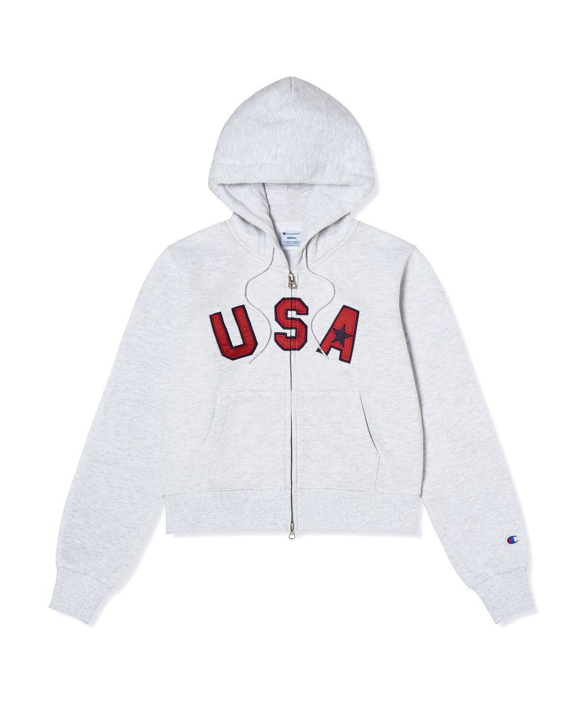 챔피온(CHAMPION) 여성 USA 로고 크롭 기모 후드 집업 Light Grey