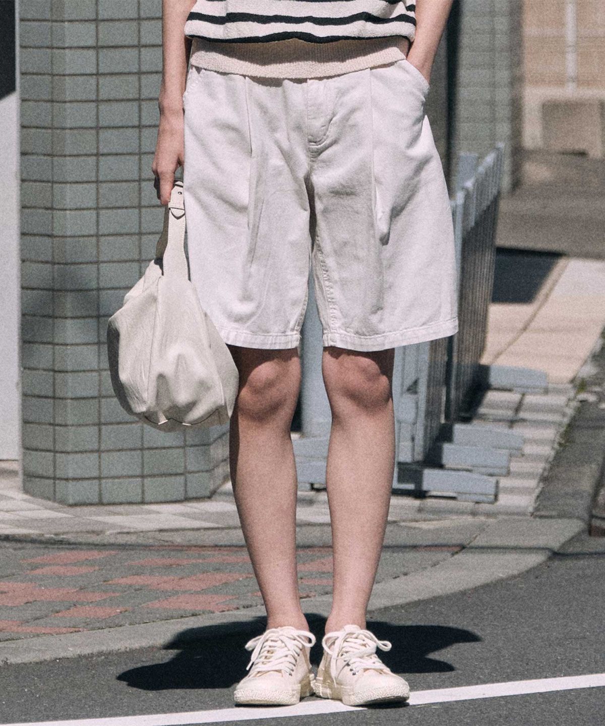 에스티코(STCO) DIEMS 데님 밴딩 셋업 하프팬츠_아이보리 (와이드핏)_LDMVB06WSI