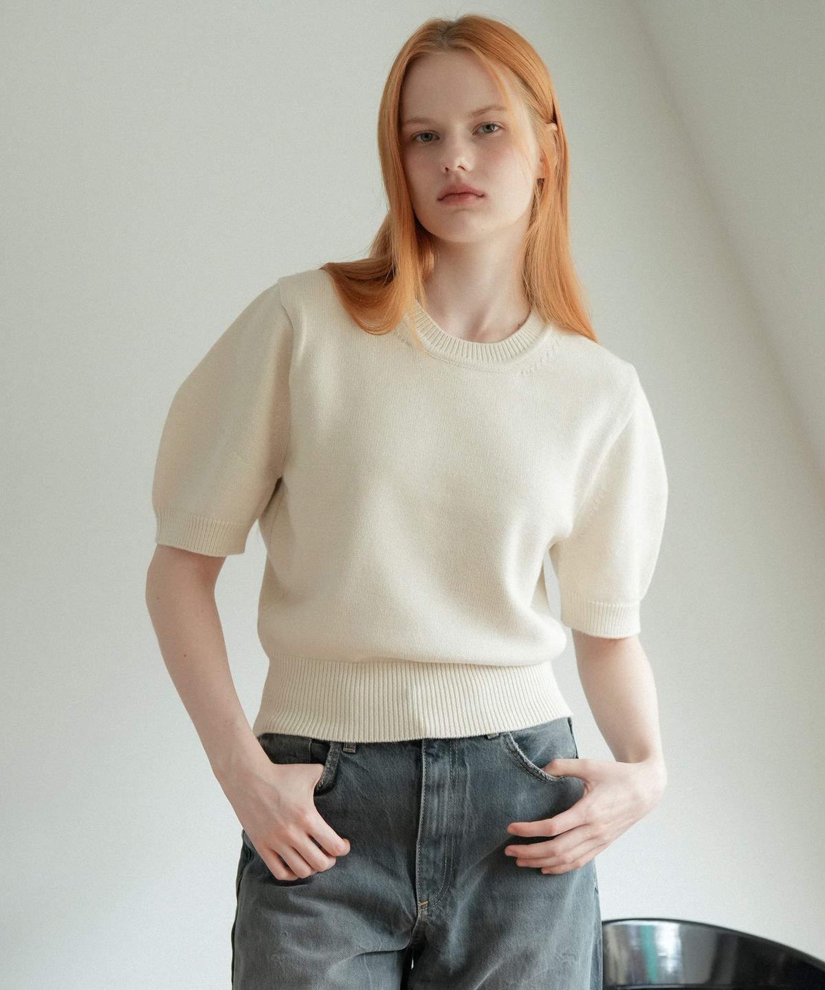 블레티(VLETI) Balloon Sleeve Half Knit (Cream_beige)