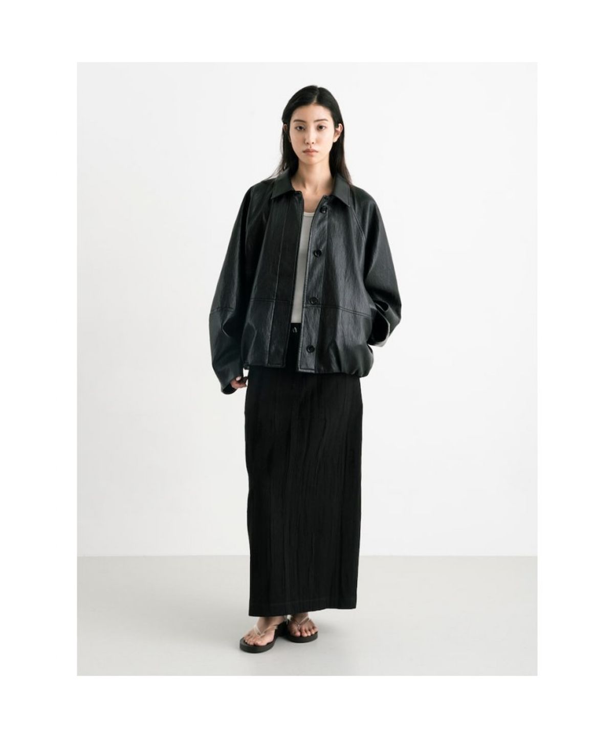 앙개(ANGGAE) Faux Leather Blouson Jacket  Black