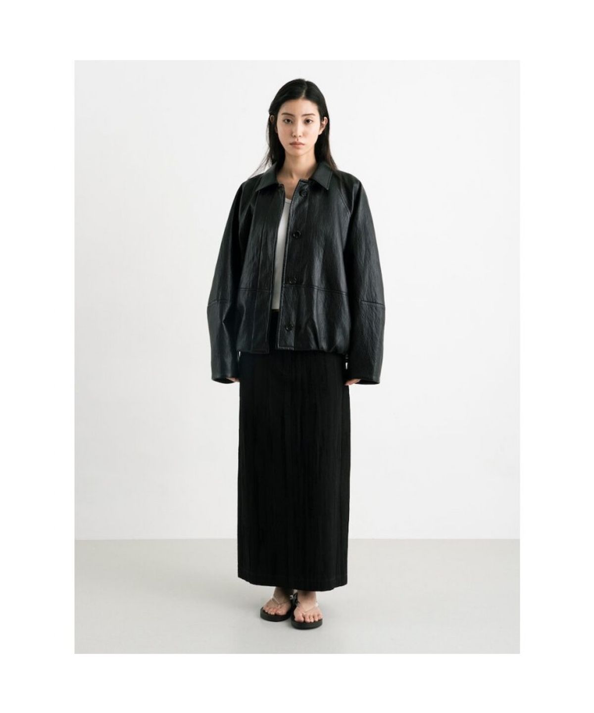 앙개(ANGGAE) Faux Leather Blouson Jacket  Black