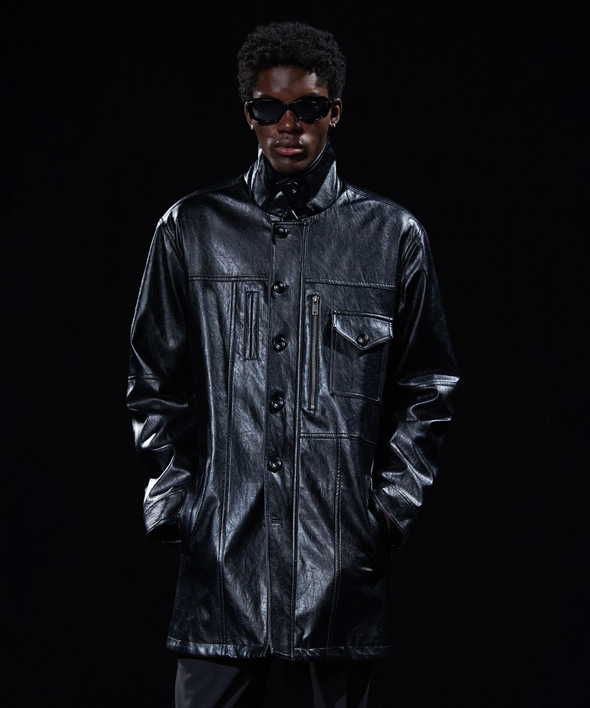 테이크이지(TAKEASY) [DMD] INCISION LEATHER CAR COAT - Black