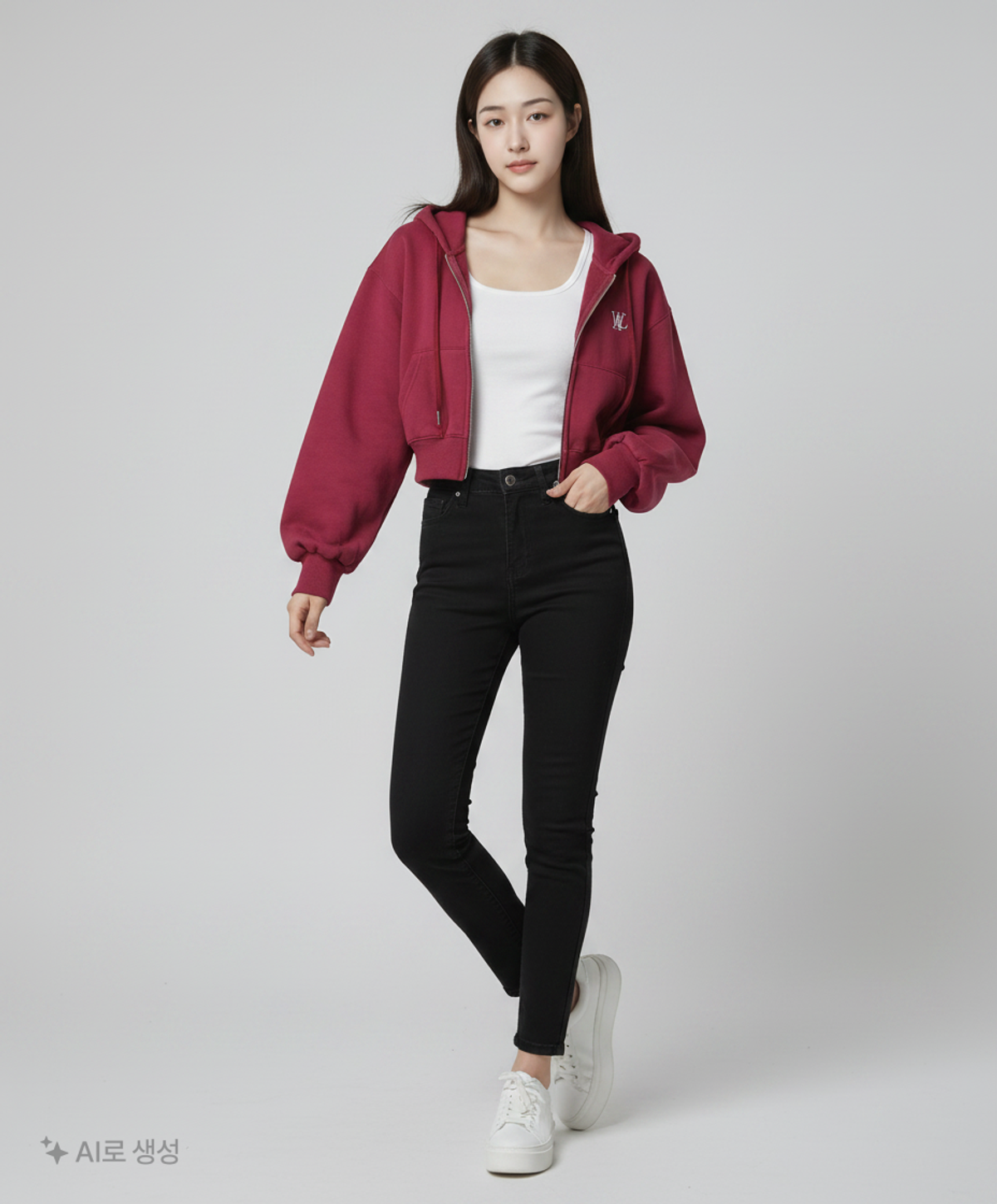 우알롱(WOOALONG) (기모)Signature crop hood zip-up - WINE XS