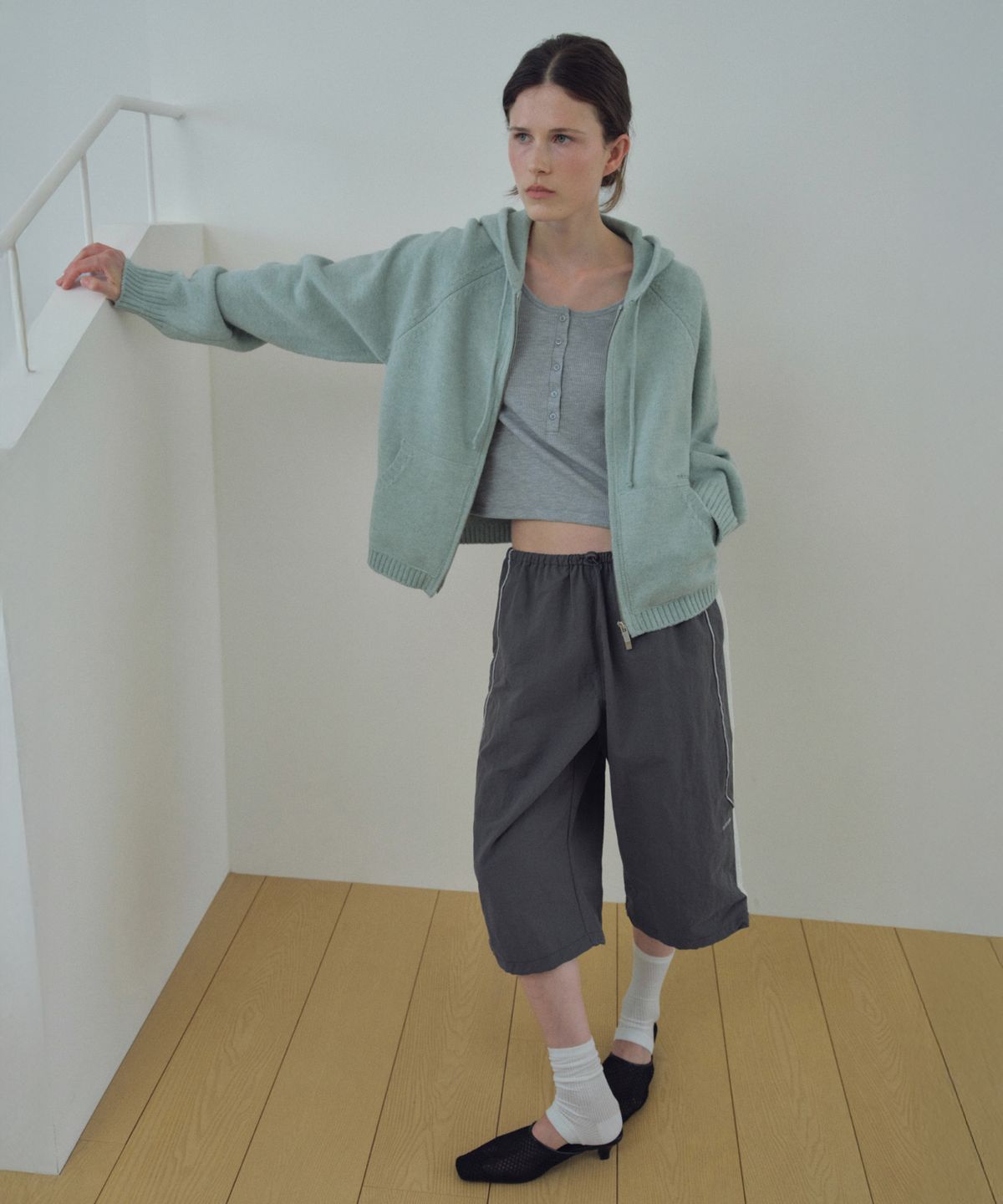 씨타(CITTA) Soft Roll-Up Cuff Knit Hood Zip-up_CTK279(Mint)