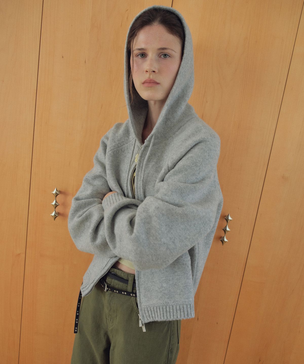 씨타(CITTA) Soft Roll-Up Cuff Knit Hood Zip-up_CTK279(Melange Grey)