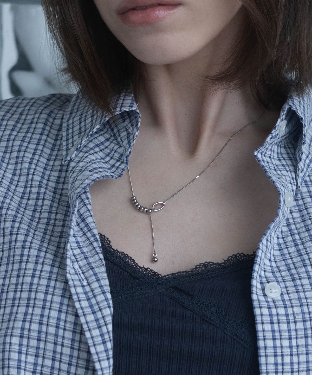 펄리모어(PEARLY MORE) 오벌 링크 드롭 목걸이_PM26N001HS