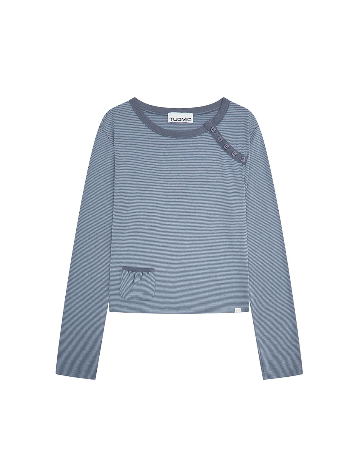 뚜오미오(TUOMIO) STRIPE BUTTON POCKET LONG SLEEVE [DUSTY BLUE]