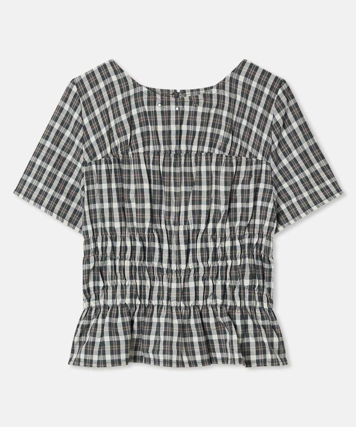 미쏘(MIXXO) 체크 셔링 반팔 블라우스_MIWBWG901C