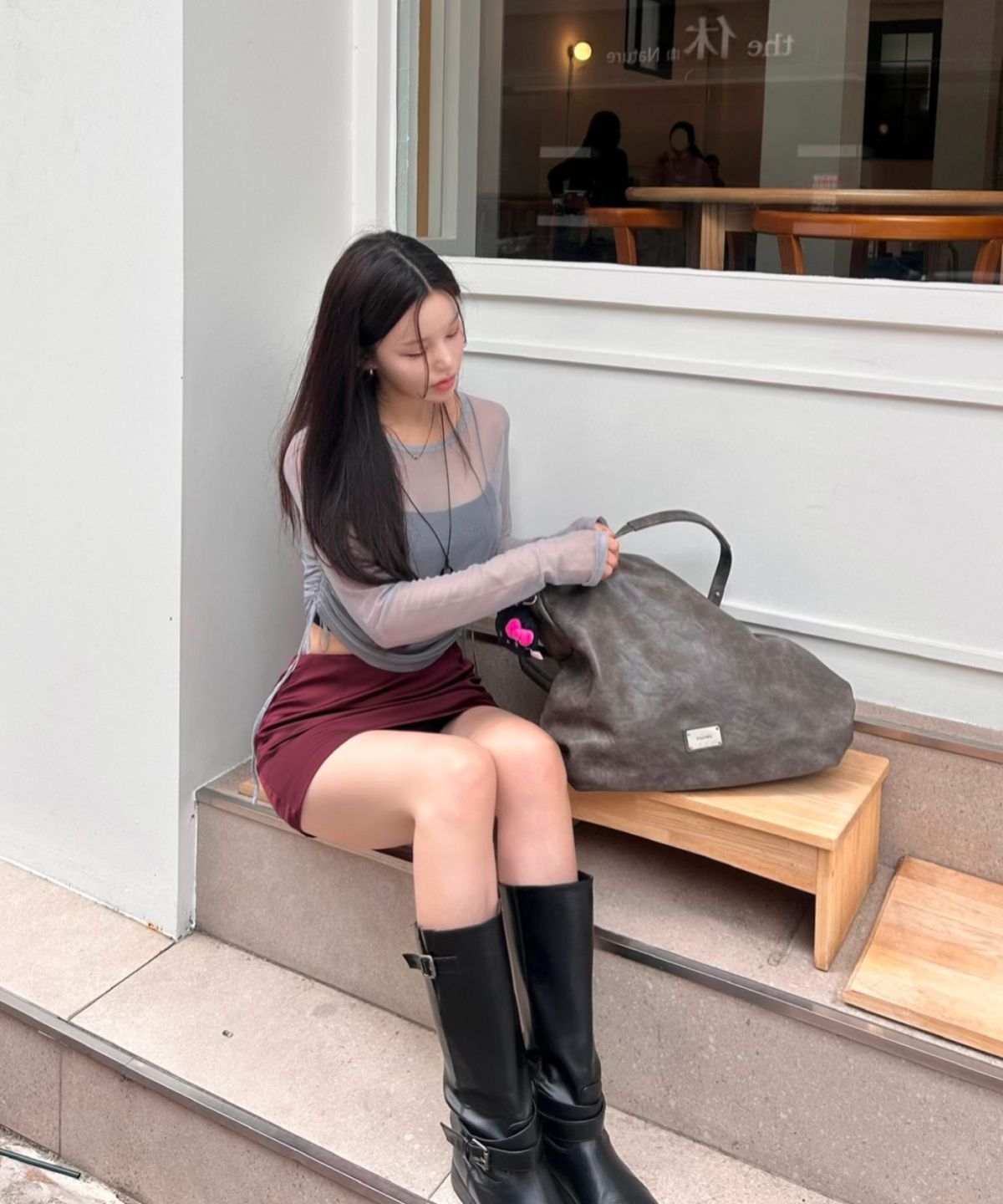 미쏘(MIXXO) 사이드 셔링 매쉬 긴팔 티셔츠_MIWLWG909A