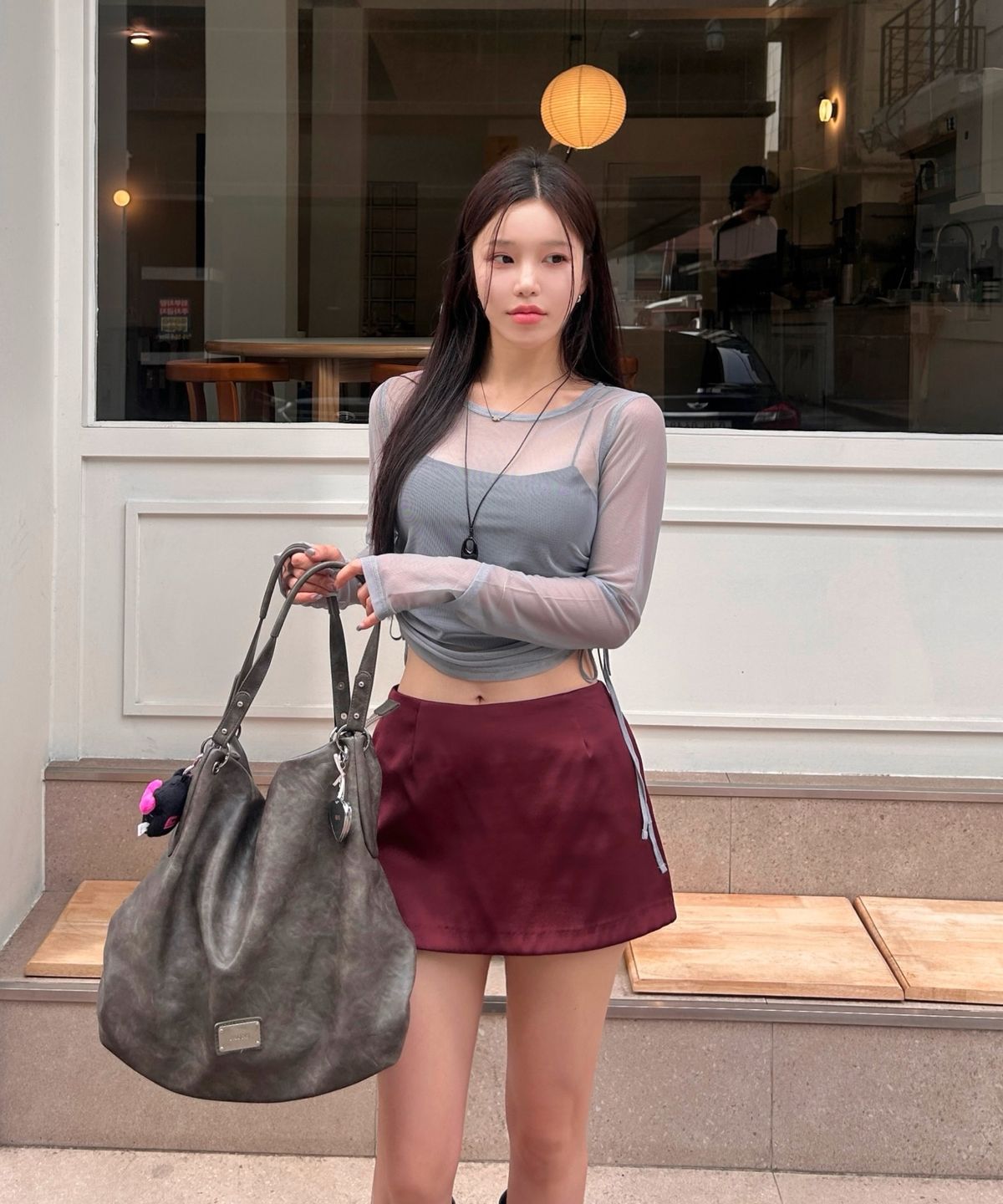 미쏘(MIXXO) 사이드 셔링 매쉬 긴팔 티셔츠_MIWLWG909A