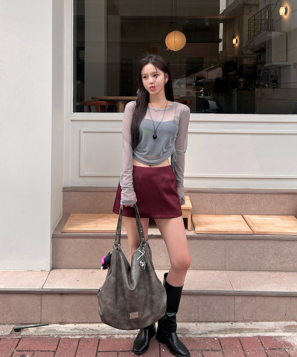 미쏘(MIXXO) 사이드 셔링 매쉬 긴팔 티셔츠_MIWLWG909A