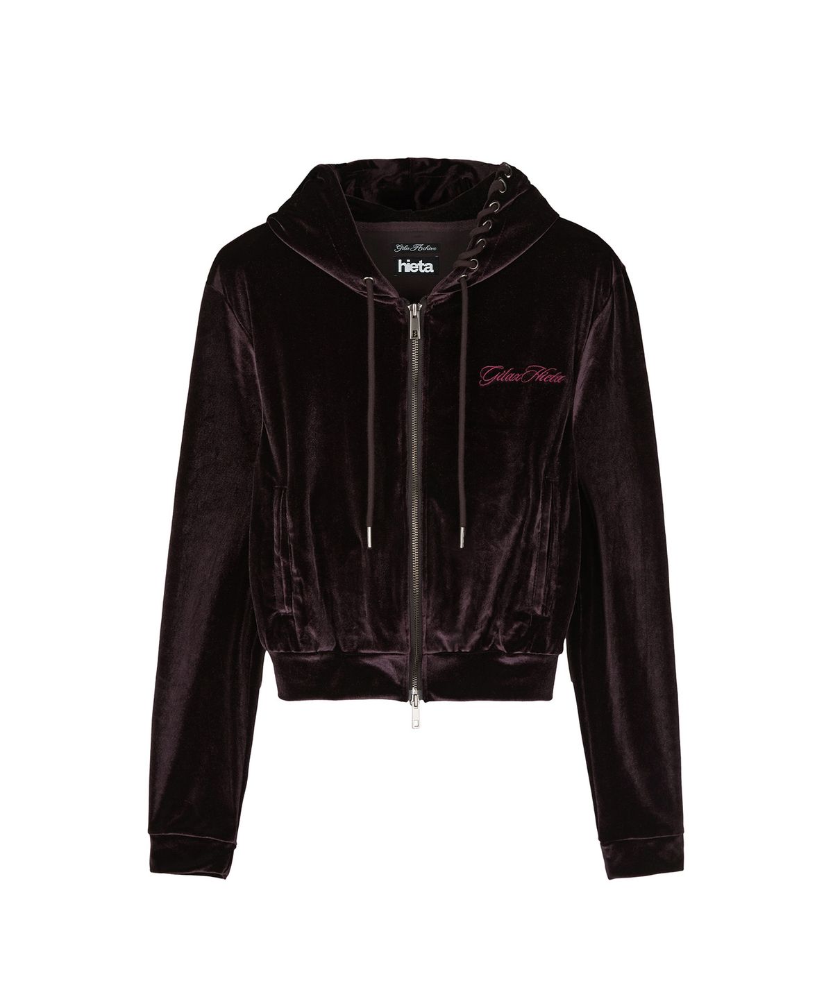 길라아카이브(GILAARCHIVE) [X hieta] SIDE EYELET SIGNATURE LOGO VELOUR HOOD ZIP-UP_BROWN