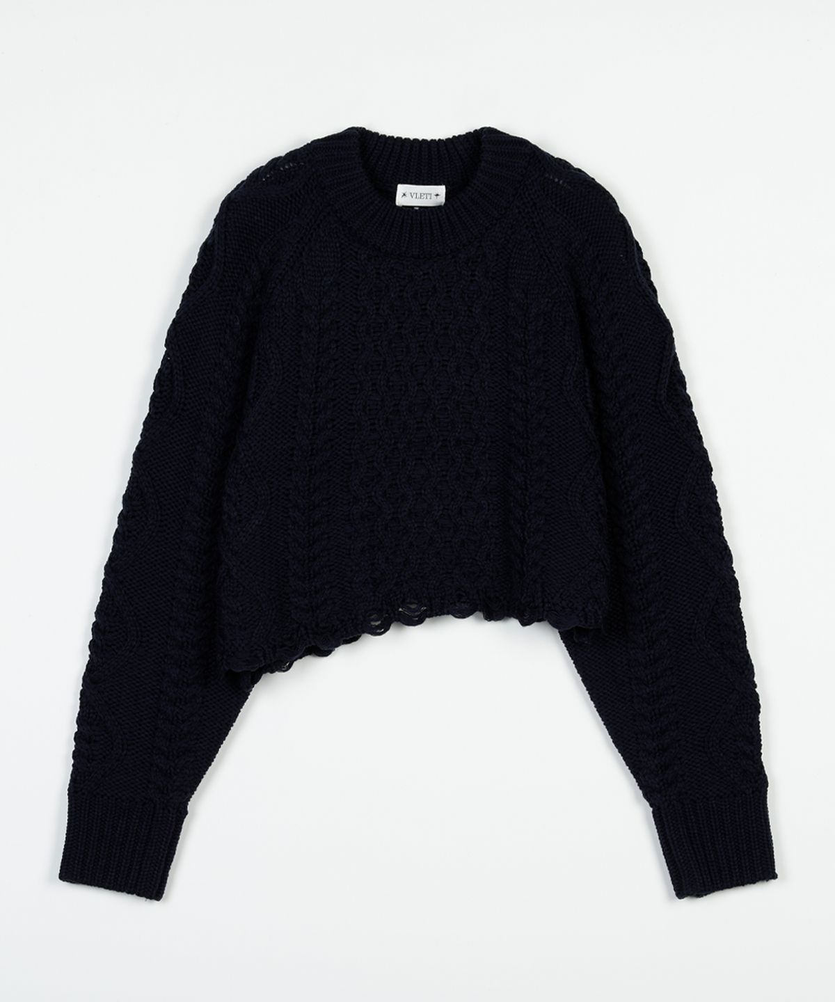 블레티(VLETI) Damage Round Twisted Crop Knit (Navy)