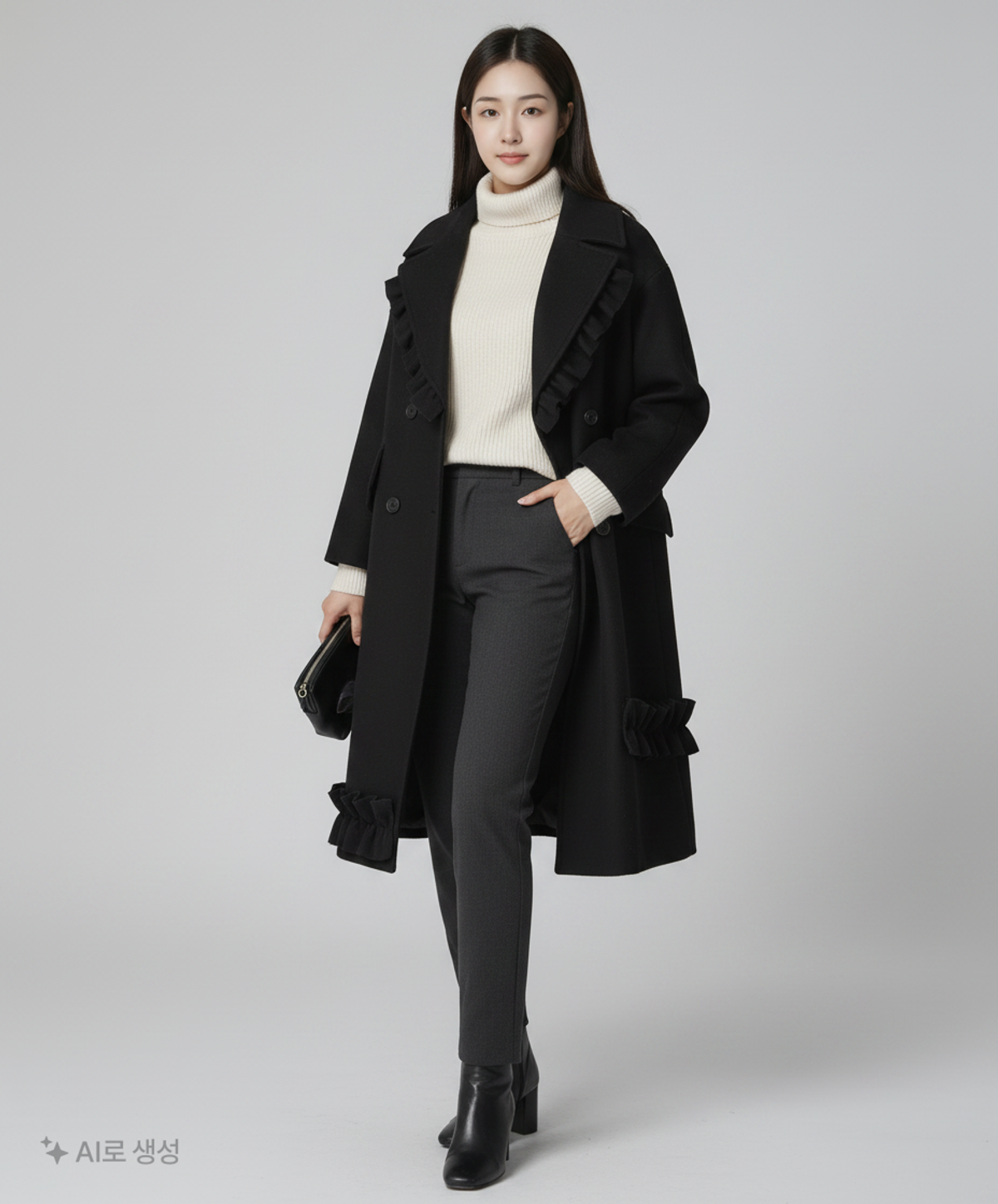 디자이너 인비테이션(DESIGNER INVITATION) 러플 트리밍 더블 코트 [블랙] S