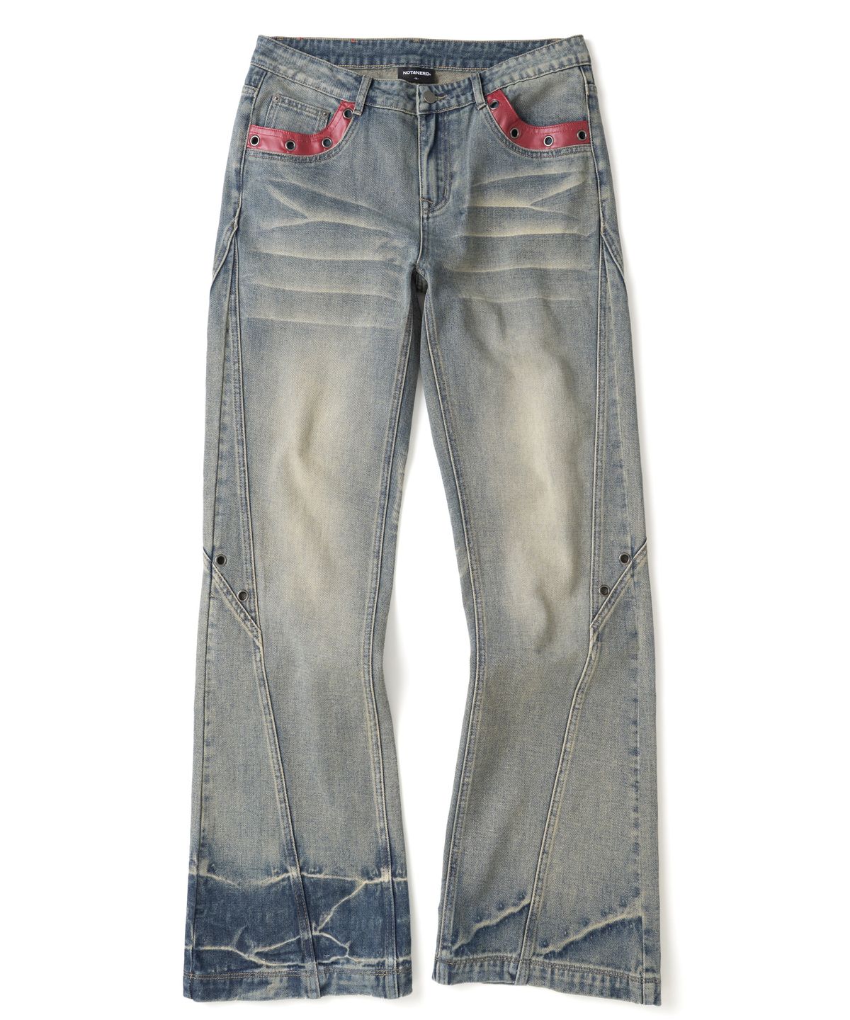 낫포너드(NOT4NERD) Contrast Panel Low Rise Flare Fit Denim Pants - Deep Blue