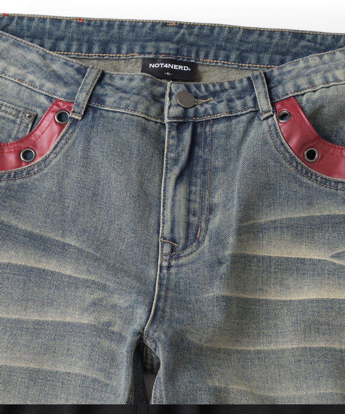 낫포너드(NOT4NERD) Contrast Panel Low Rise Flare Fit Denim Pants - Deep Blue