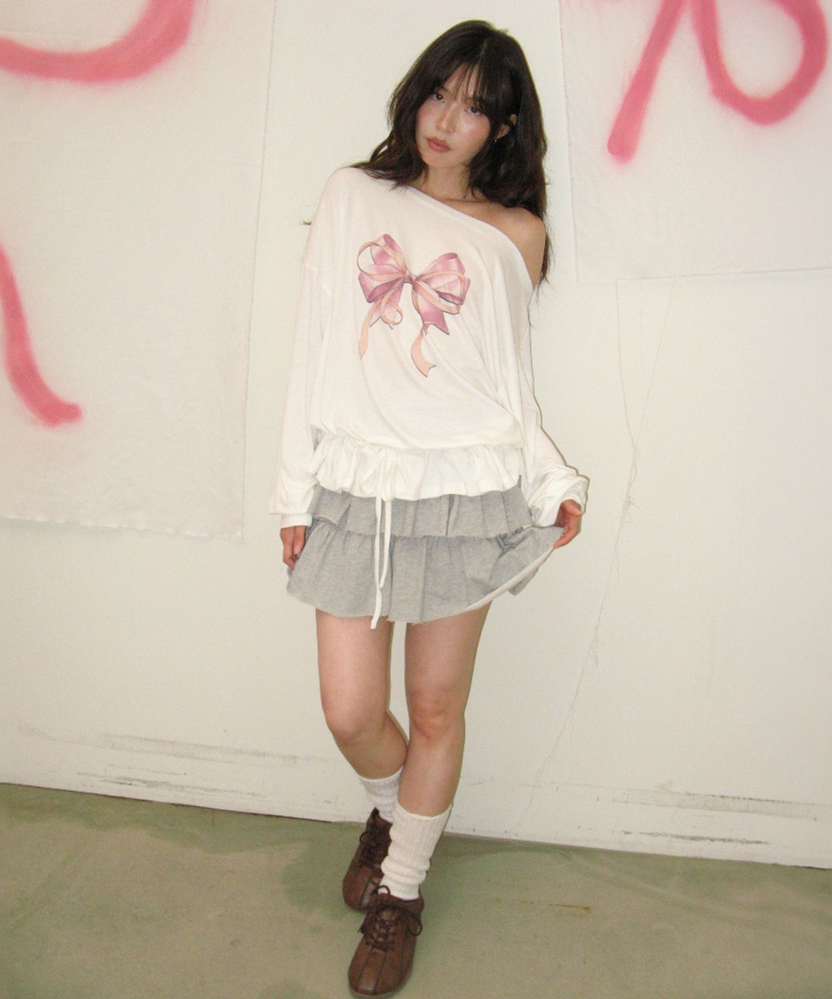 론론(RONRON) DOUBLE RIBBON OFF SHOULDER LONG SLEEVE WHITE
